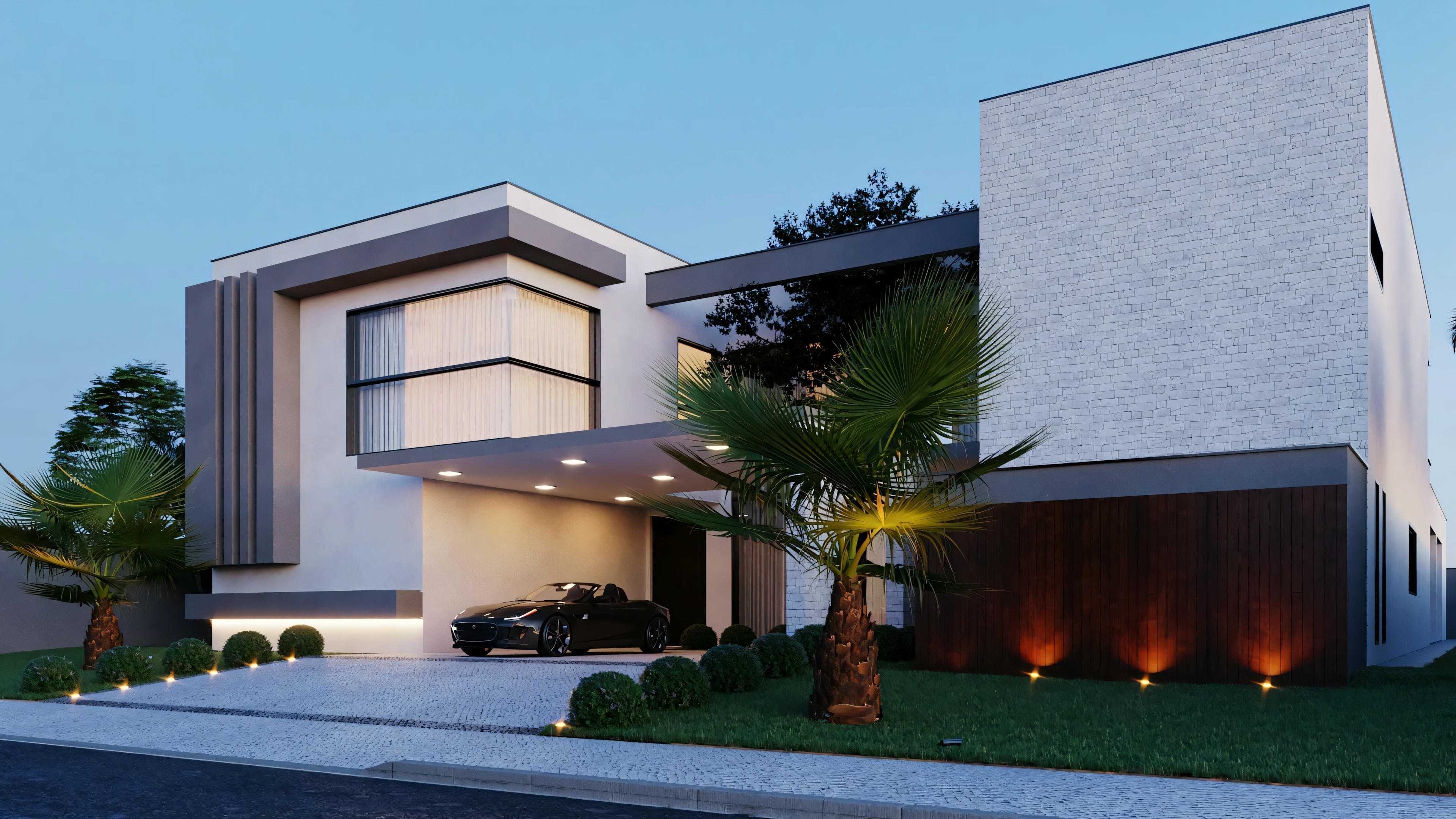 Proyecto de casa moderna e imponente con fachada detallada exhibiendo garaje para 3 coches, doble altura acristalada y paisajismo. Casa con 555.9m² de área, 4 suites, en terreno de 20x35 metros.