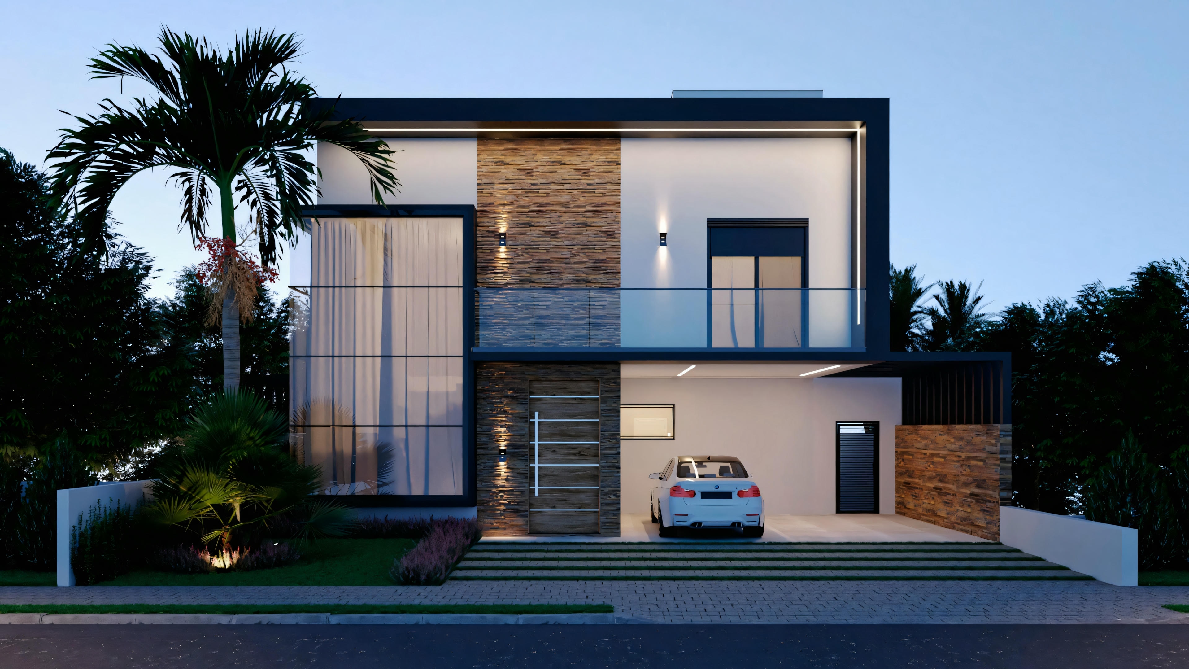 Fachada de casa con vidrio alto.
