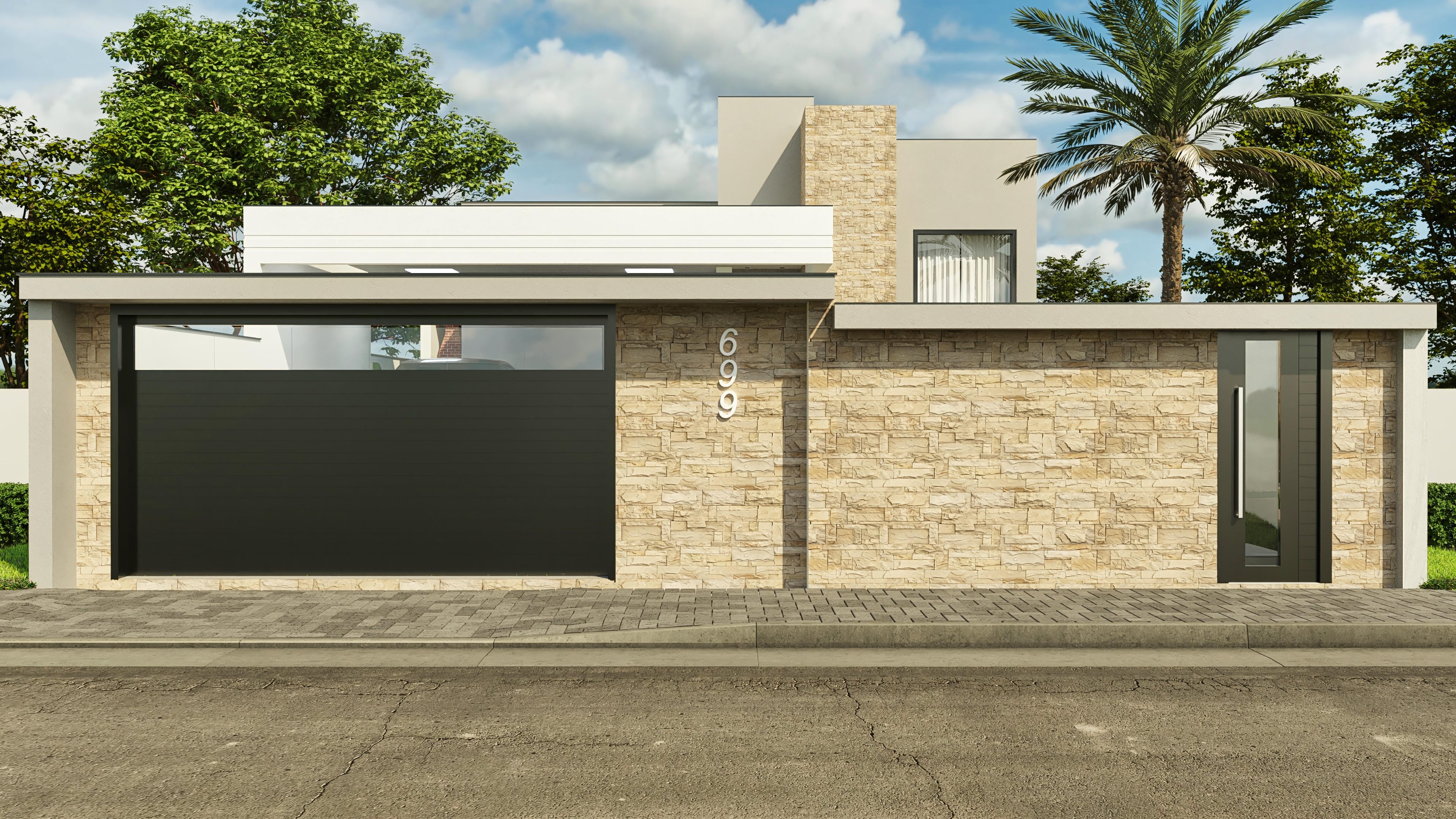 Fachada moderna de casa de una planta con portón amplio y puerta de entrada elegante, combinando texturas de piedra y acabado liso.