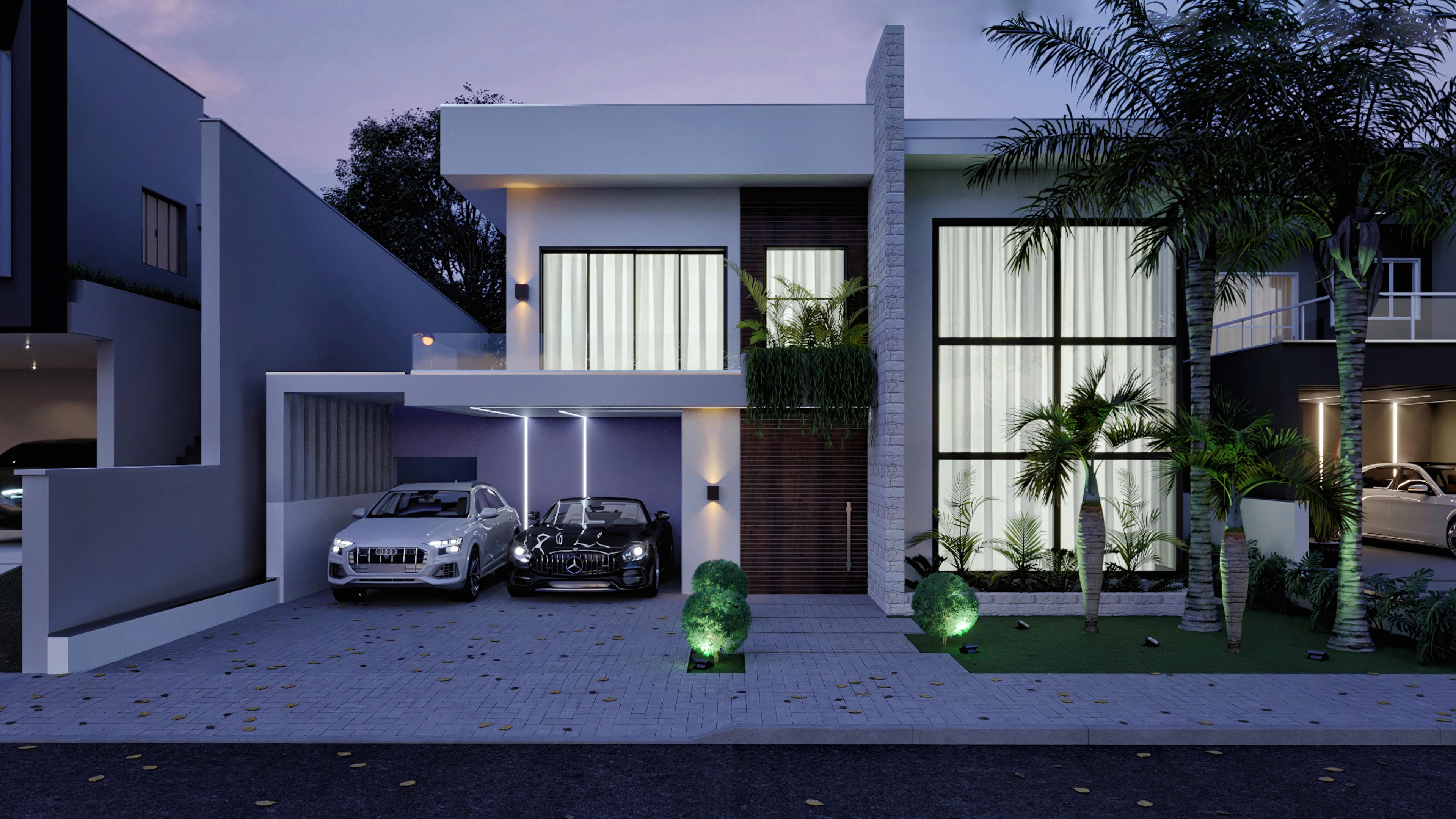 Fachada moderna de casa de dos plantas con elementos en blanco, madera oscura y piedra, amplios ventanales de vidrio e iluminación exterior. Área de garaje cubierta y paisajismo tropical.