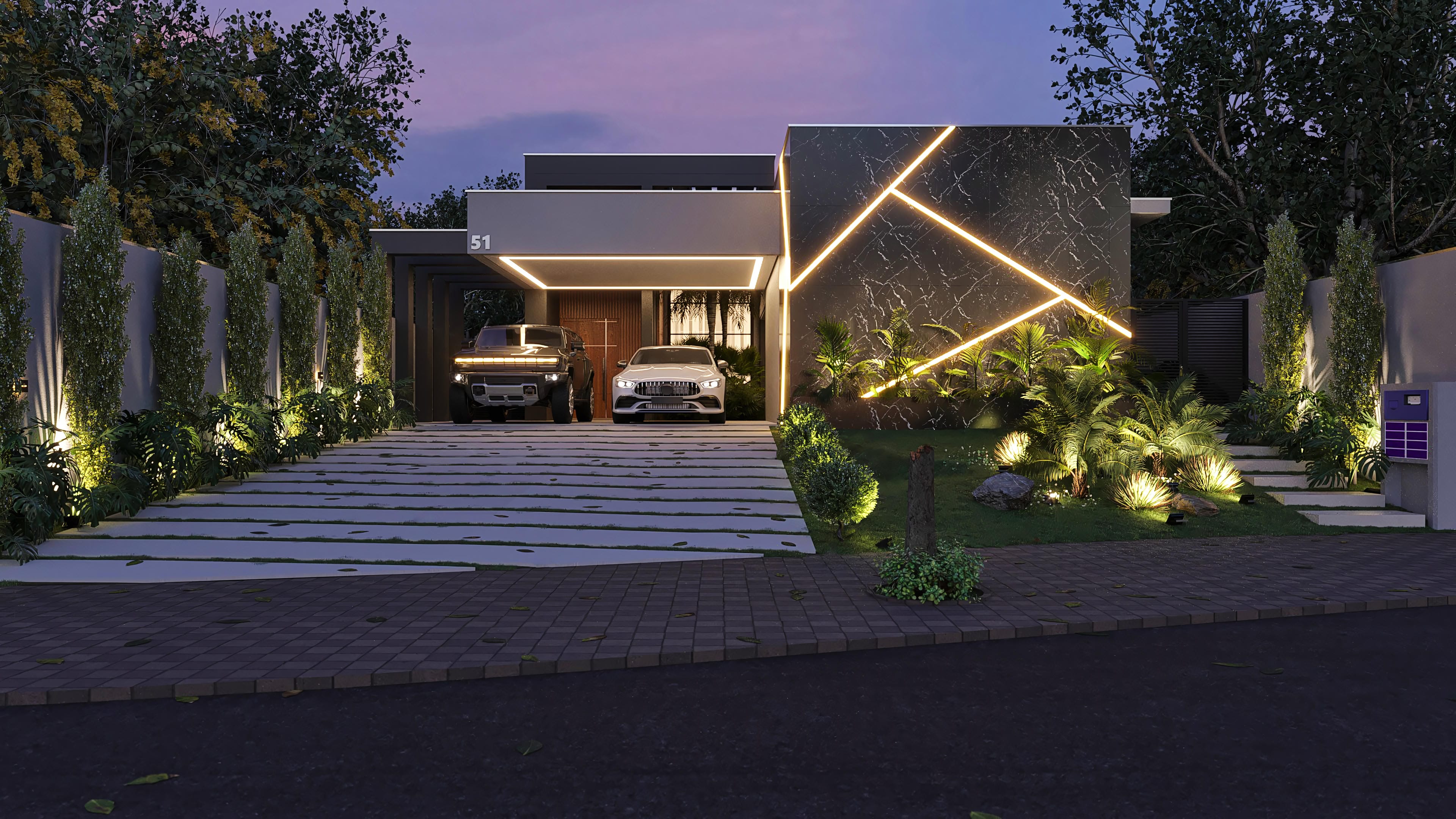 Fachada de casa de una planta moderna con detalles en mármol e iluminación LED. Cuenta con amplio garaje, paisajismo exuberante y un aspecto sofisticado.