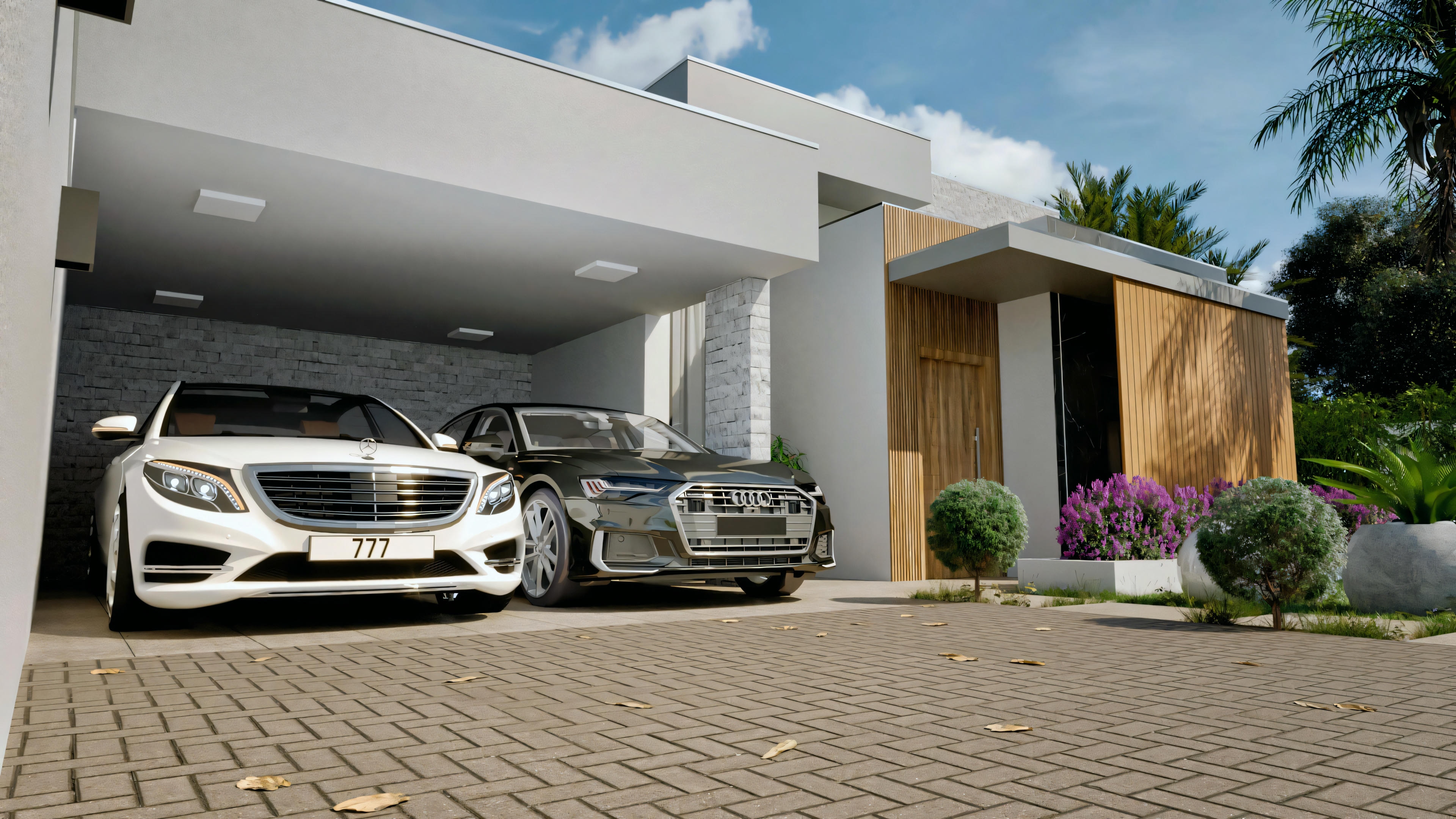 Fachada de una casa moderna con exterior blanco, grandes ventanales y garaje, con un coche de lujo aparcado delante.