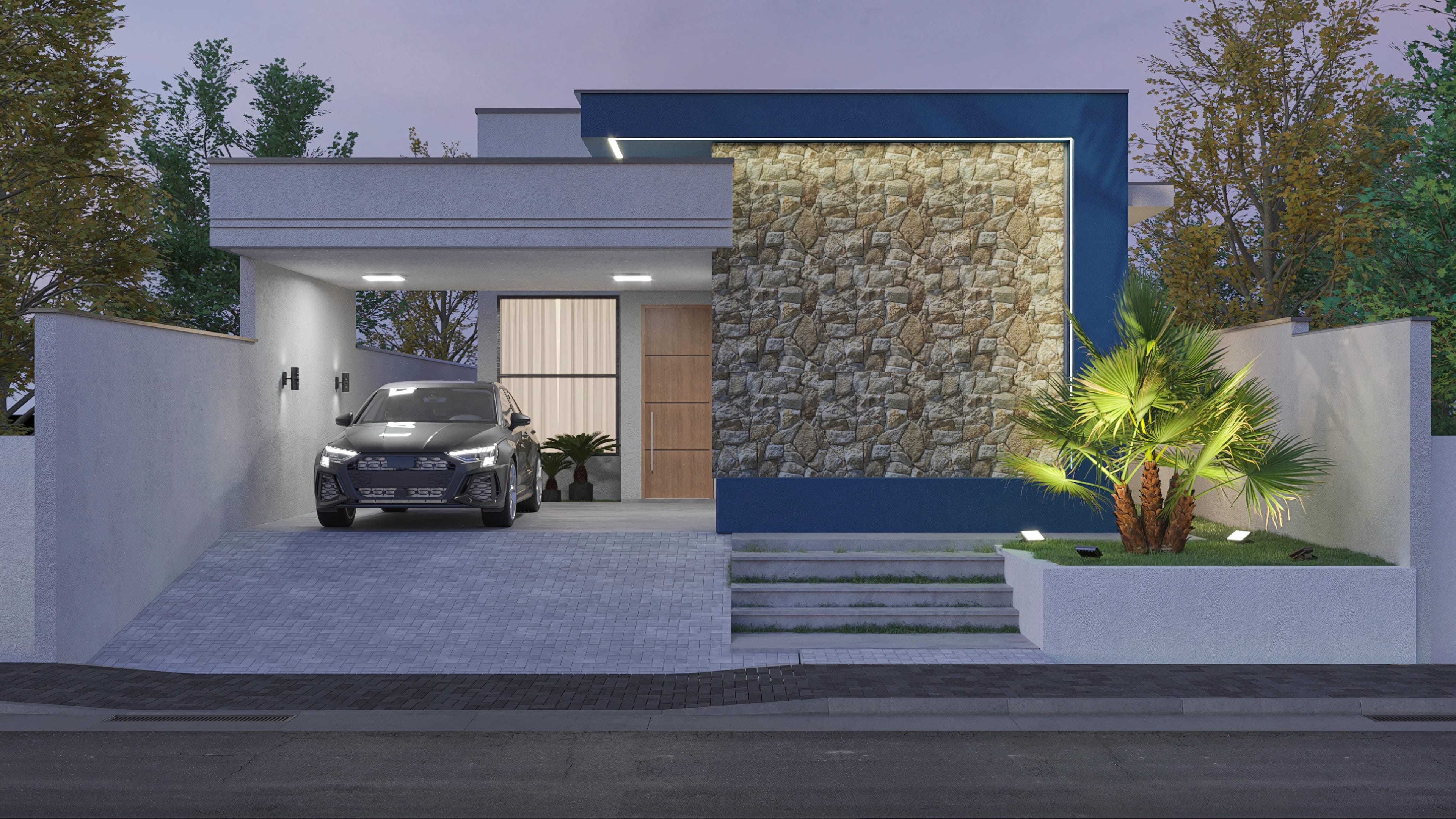Fachada moderna de casa de una planta con 3 suites en terreno estrecho, presentando volúmenes blancos, revestimiento de piedra y detalles en azul.