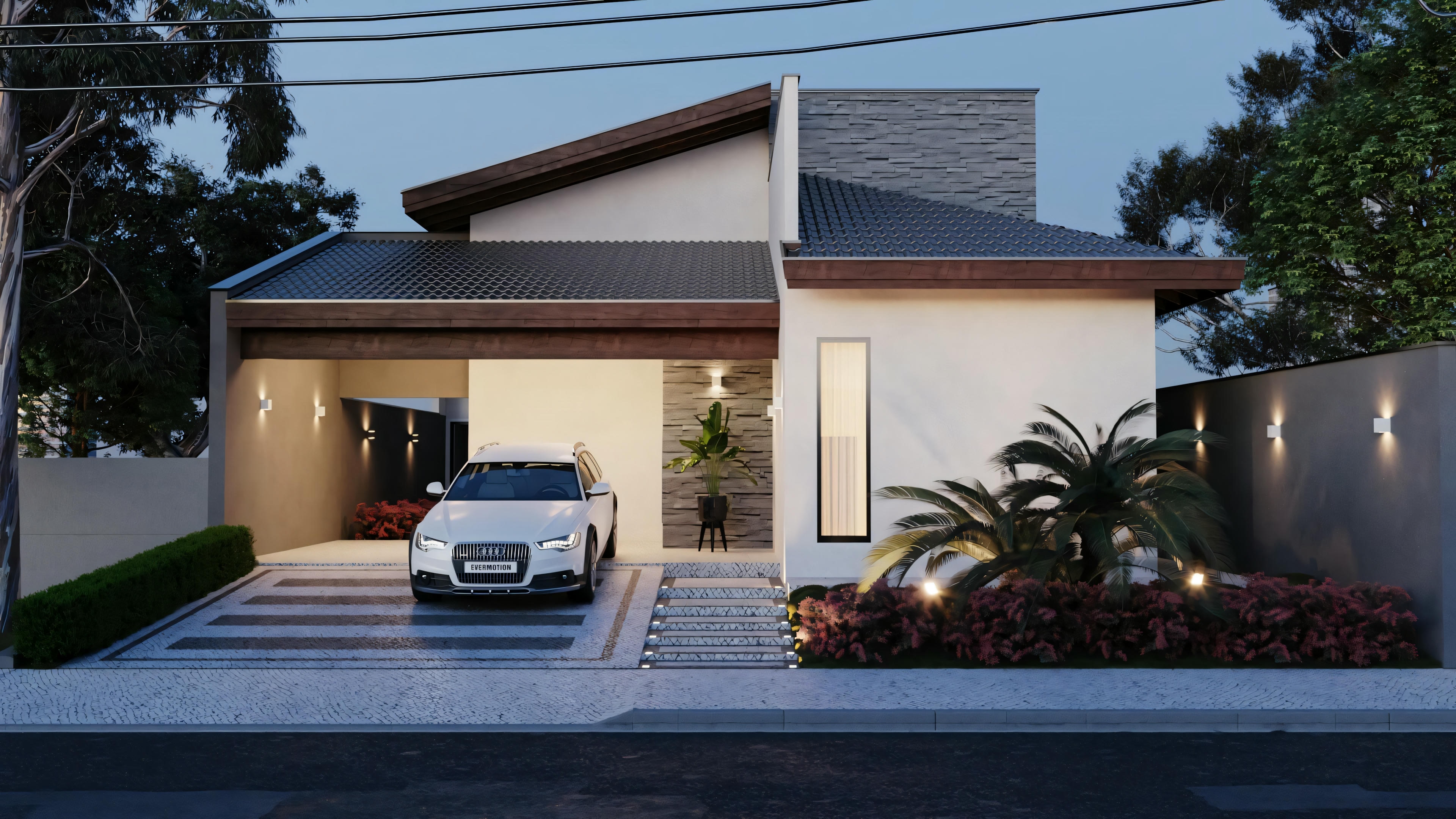 Frente de casa de planta baja moderna con techo visto iluminada por la noche, mostrando el proyecto de 183m² con garaje para 2 coches y paisajismo valorado por la iluminación.