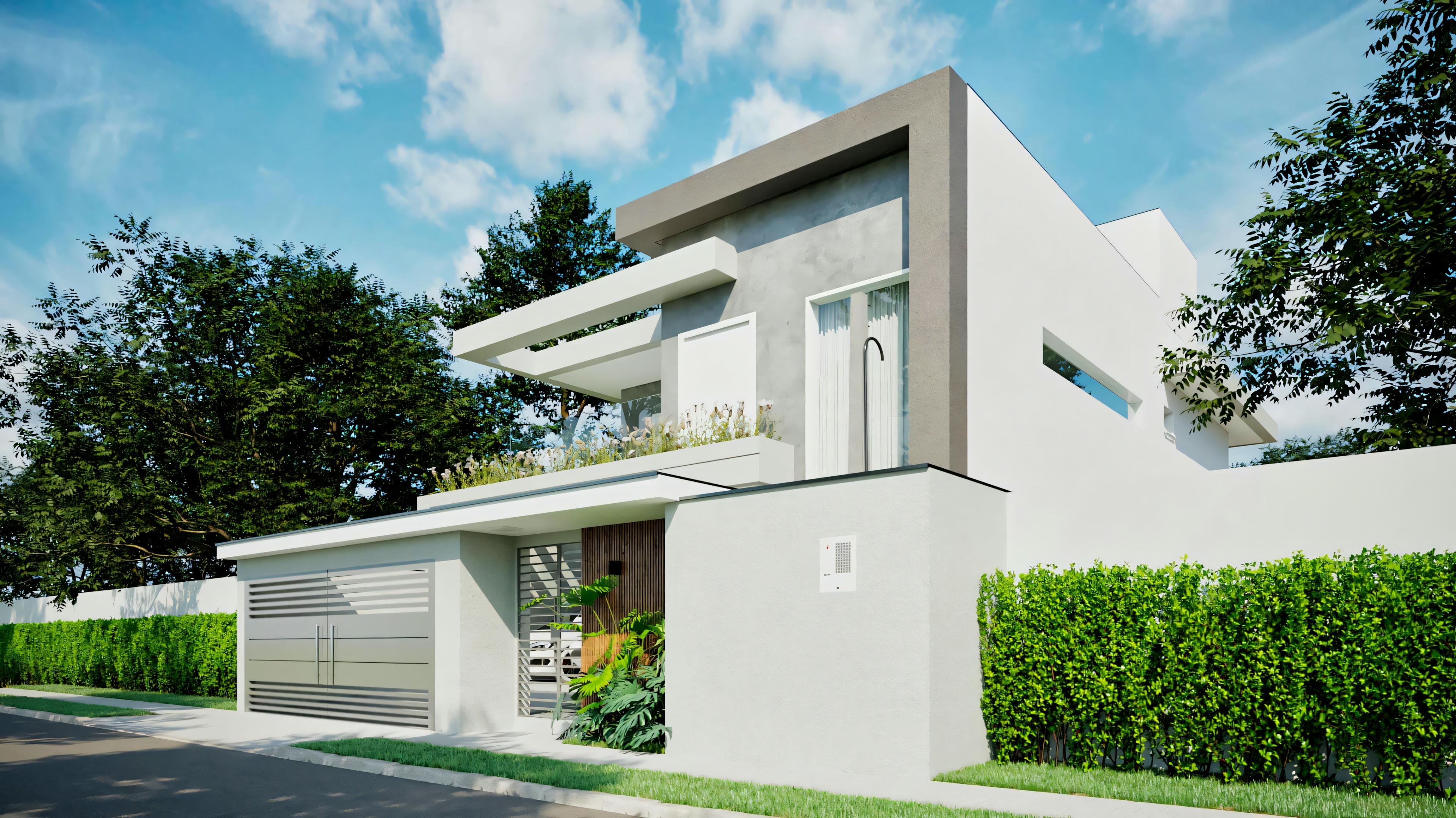 Front view of ArchShop modern house project with 3 suites, pool and gourmet area. Contemporary architecture with 250.56sqm, gray and white facade, modern gate entrance, garage for 2 cars and landscaping. Residential project ideal for 12x25 lot.