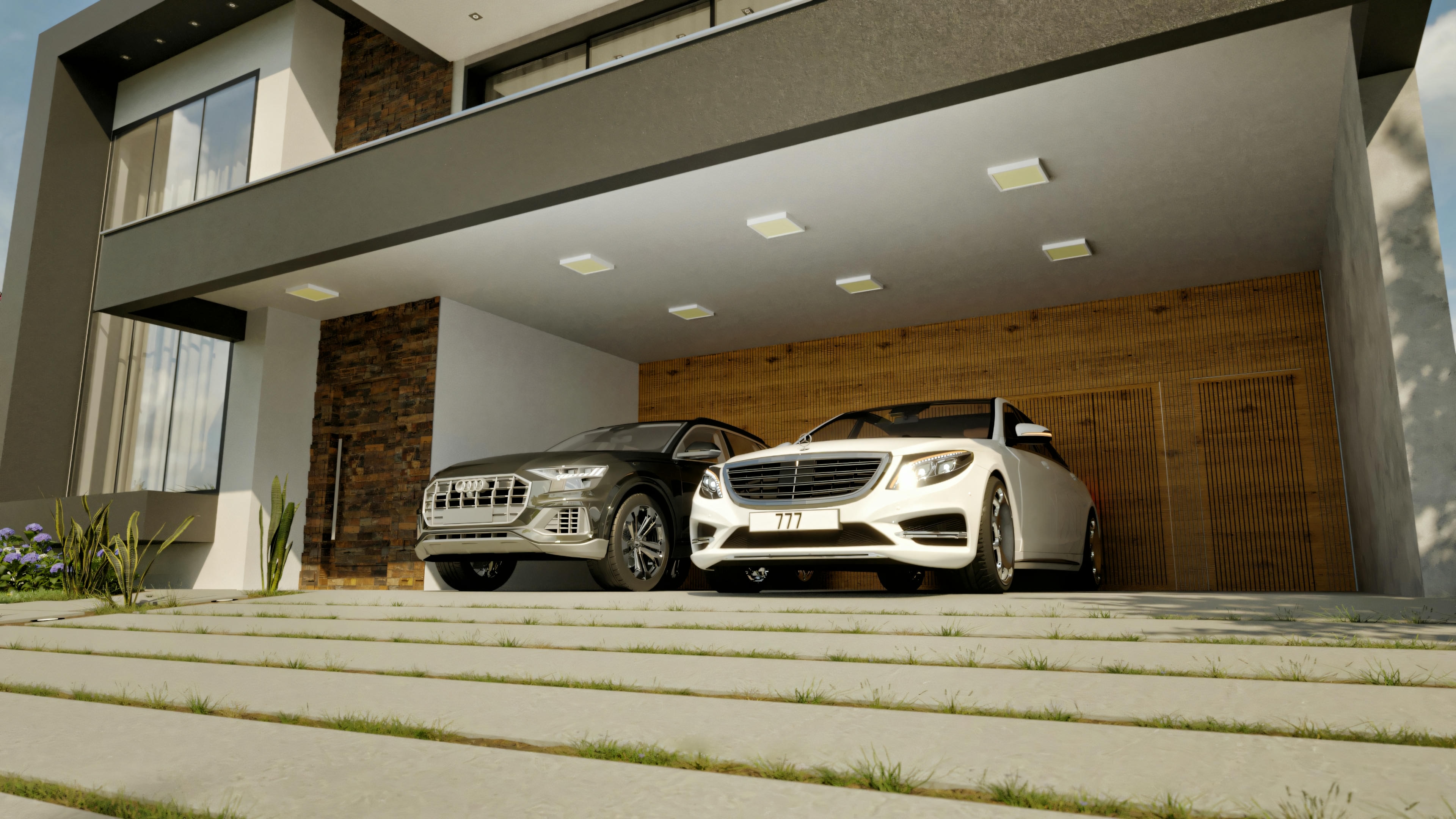 Detail of the covered garage for 2 cars in a high-standard 5-suite house. Low-angle view showing the vehicles, wood cladding on the back wall, ceiling lighting, and part of the modern facade.