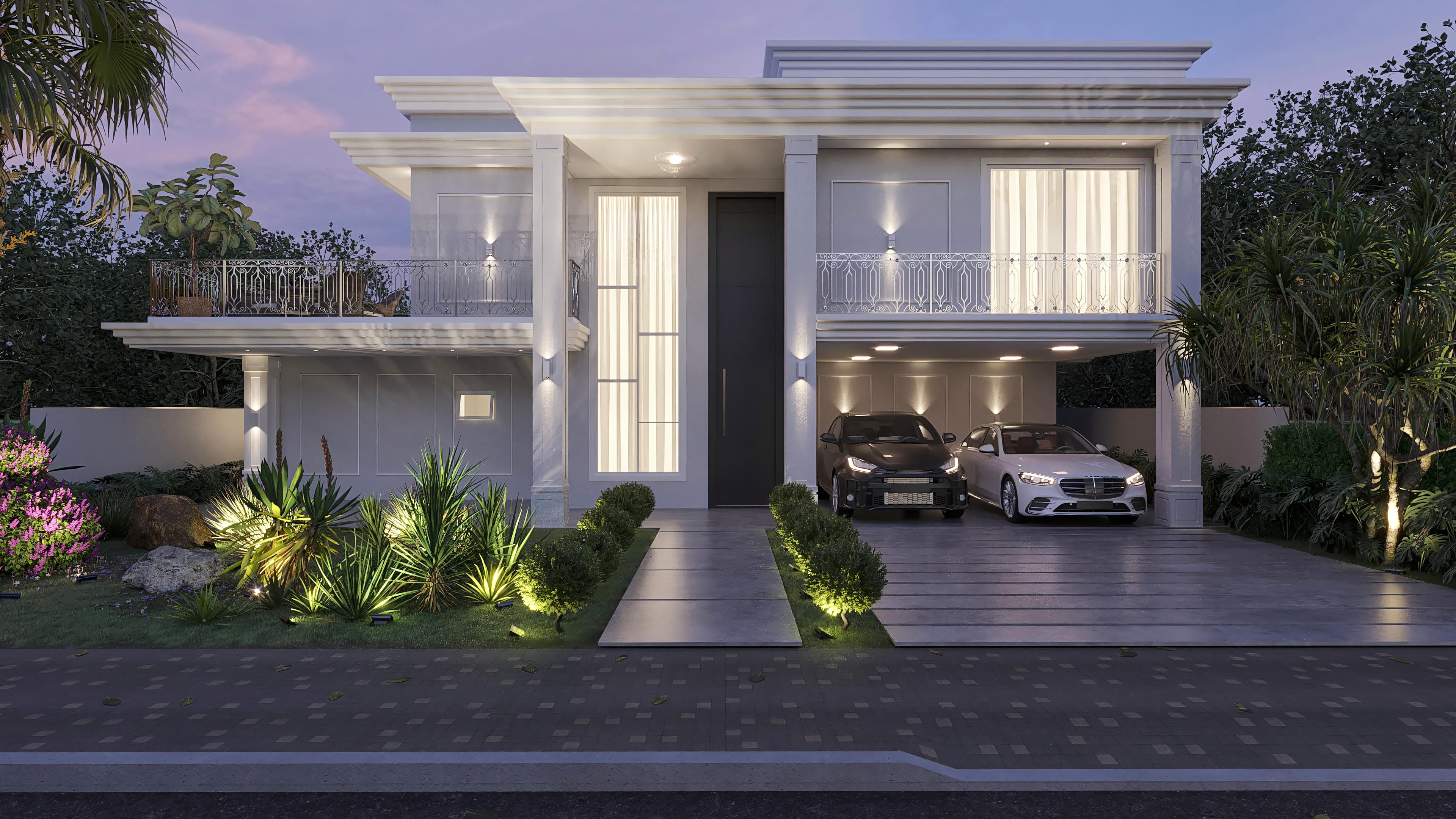 Imposing facade of a neoclassical two-story house with 5 bedrooms, pool, and gourmet area, highlighting white volumes, classic pillars, and relief details.