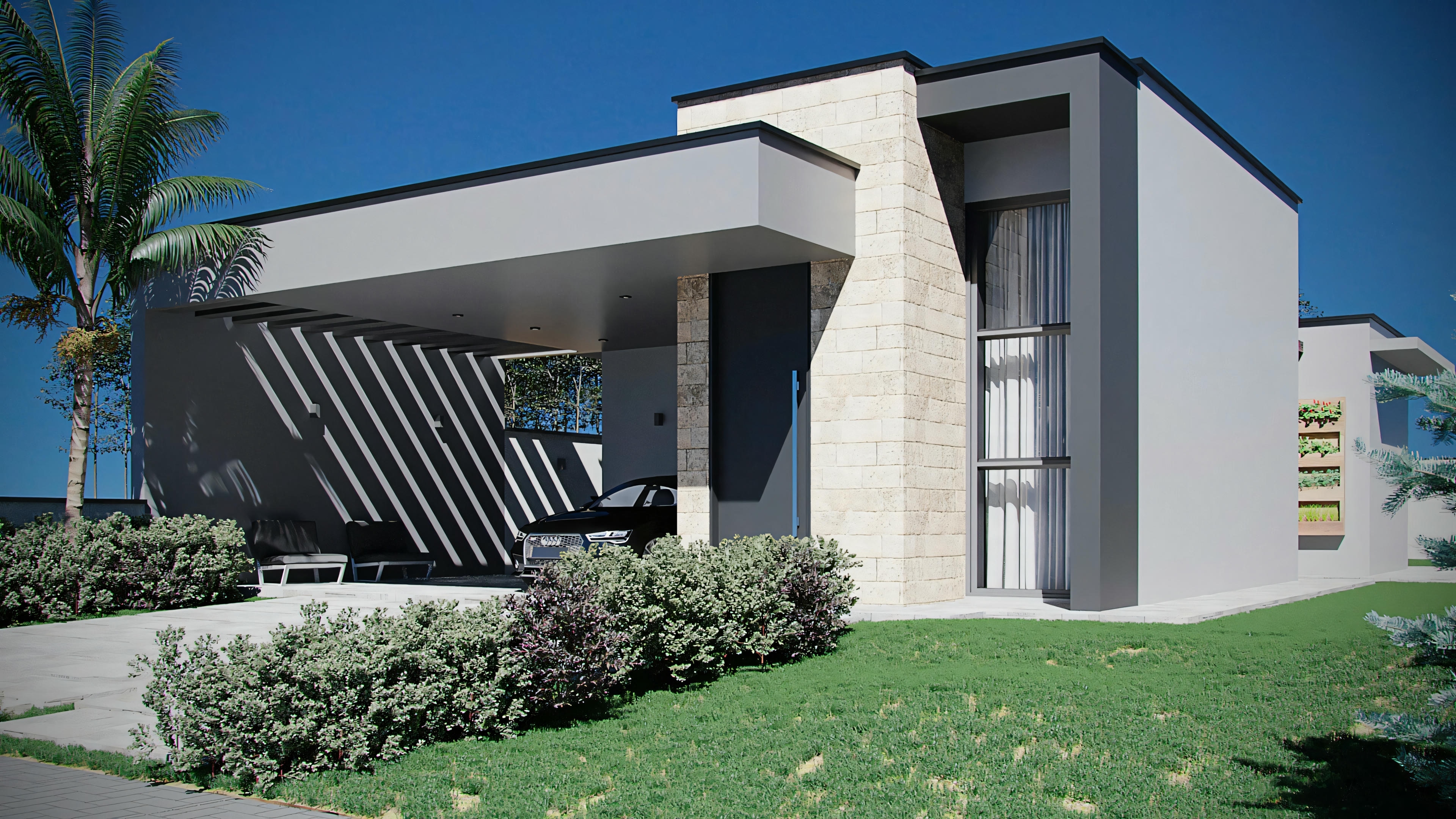 Exterior view of a modern house at dusk.
