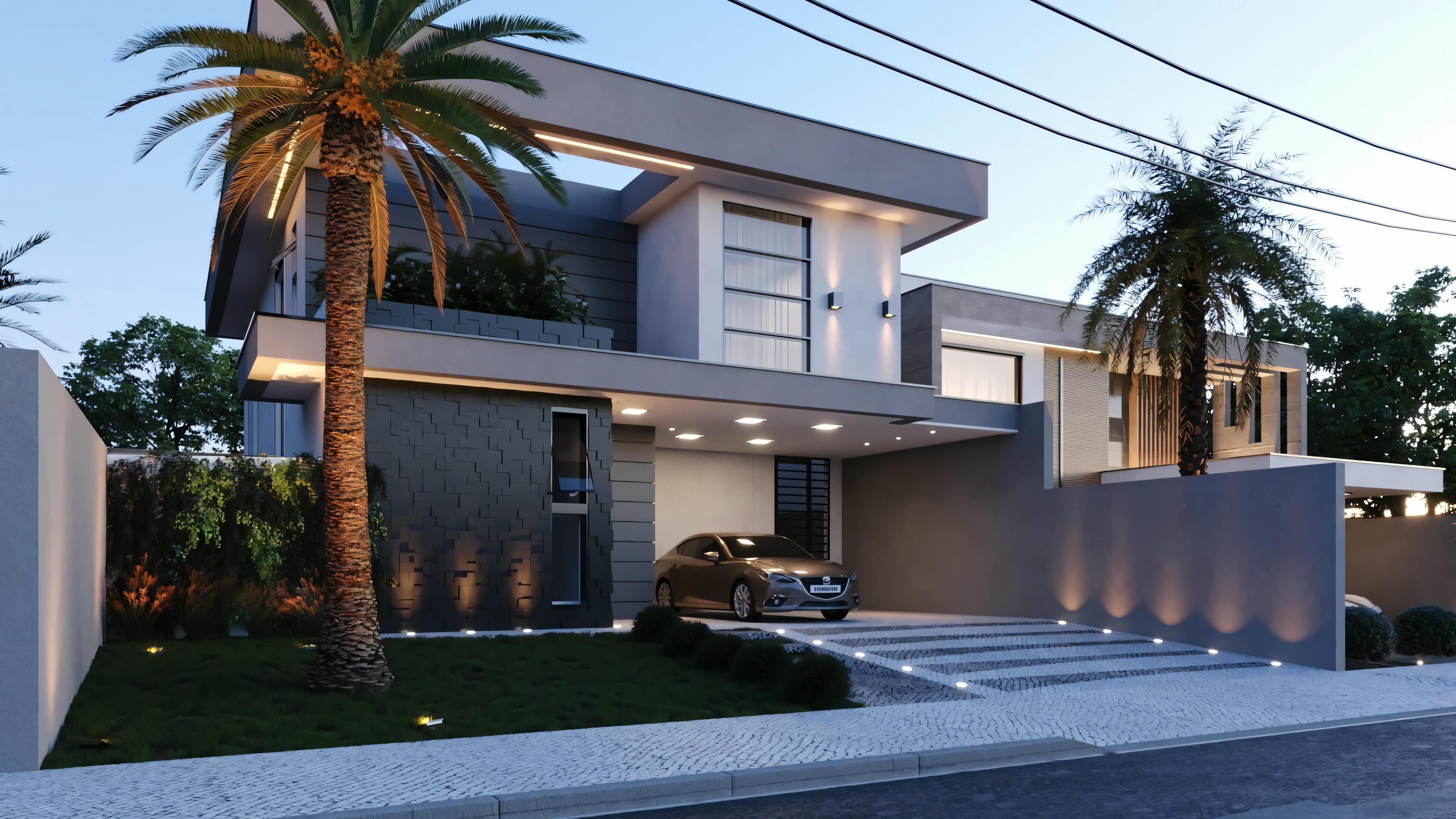 Exterior view of the house with palm trees and night lighting.