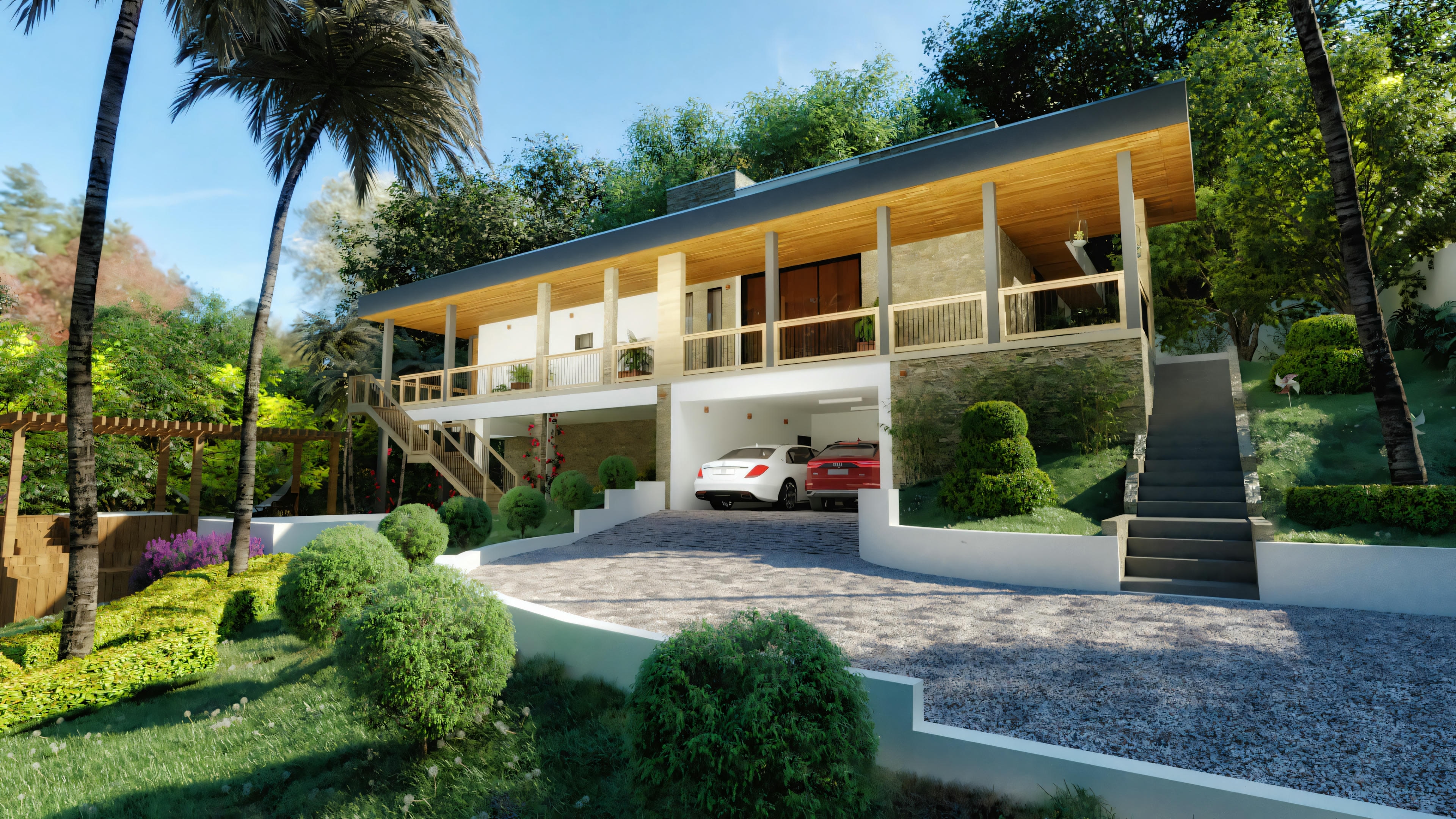 Perspective of the country house with an extensive balcony, three bedrooms, garage on the lower floor accessible by ramp, and wooden finishing details.