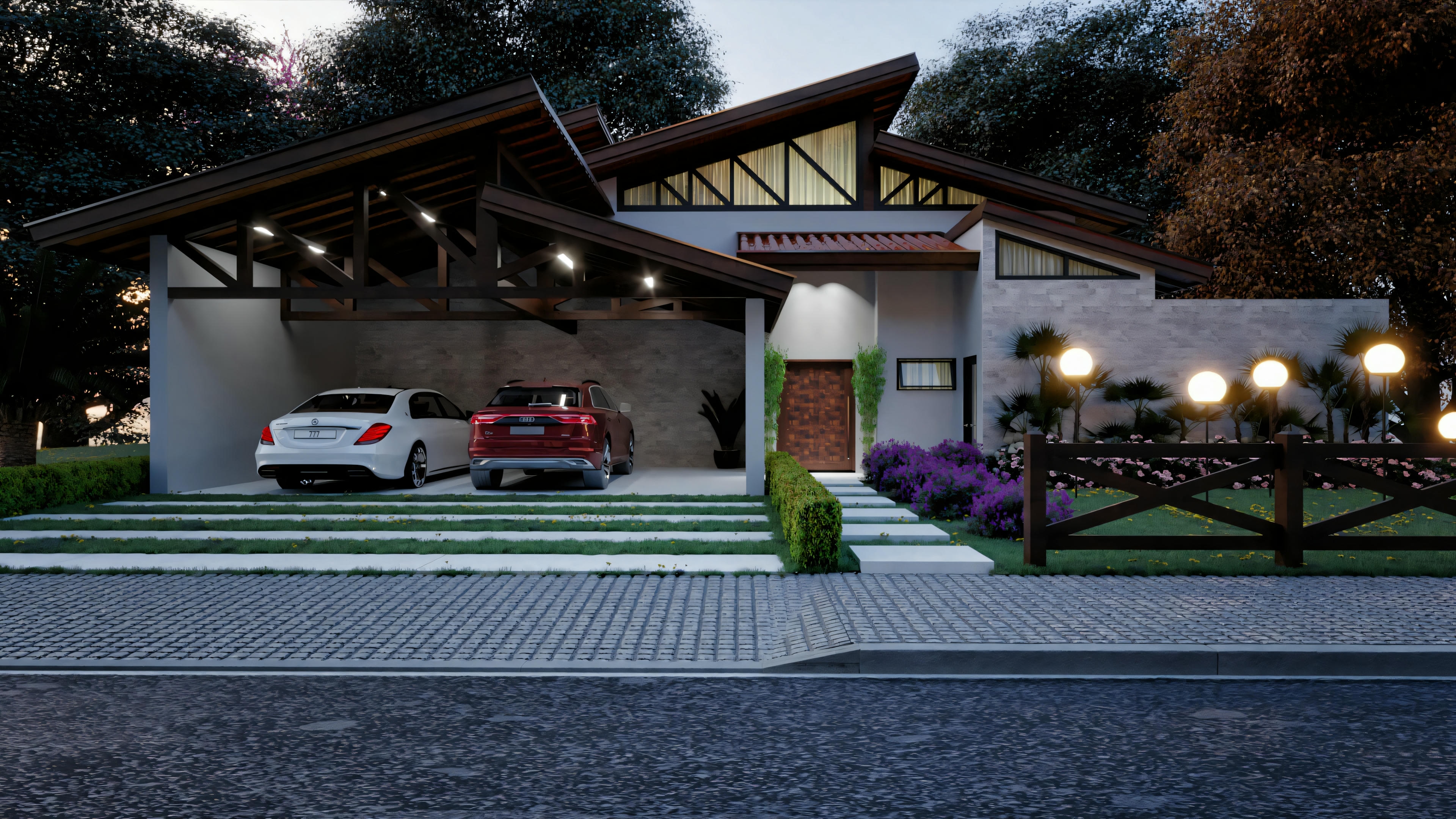 A house with a car parked under the balcony, captured during the day.