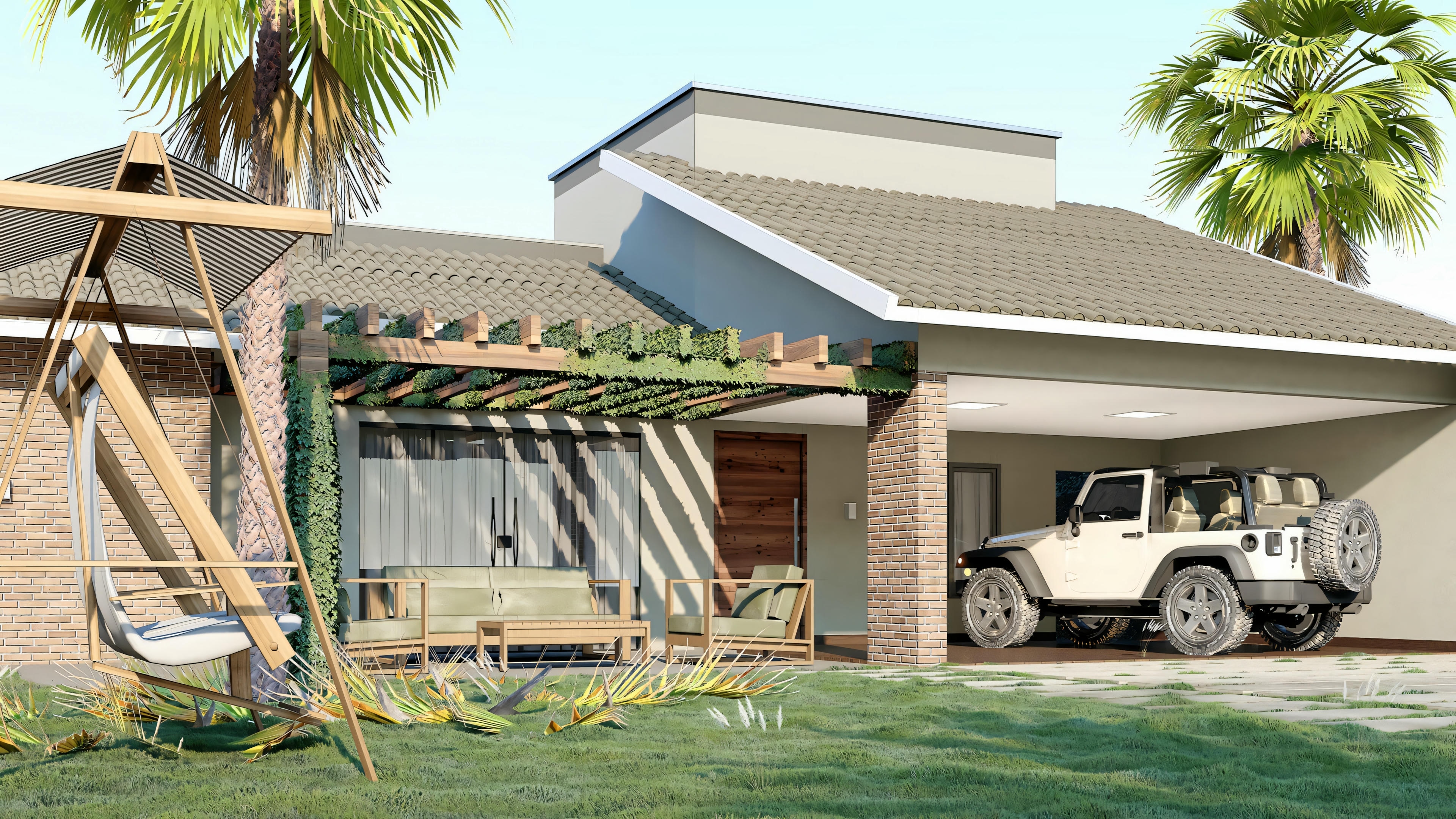 Renderização 3D de um jardim com piscina, vegetação e área de estar.