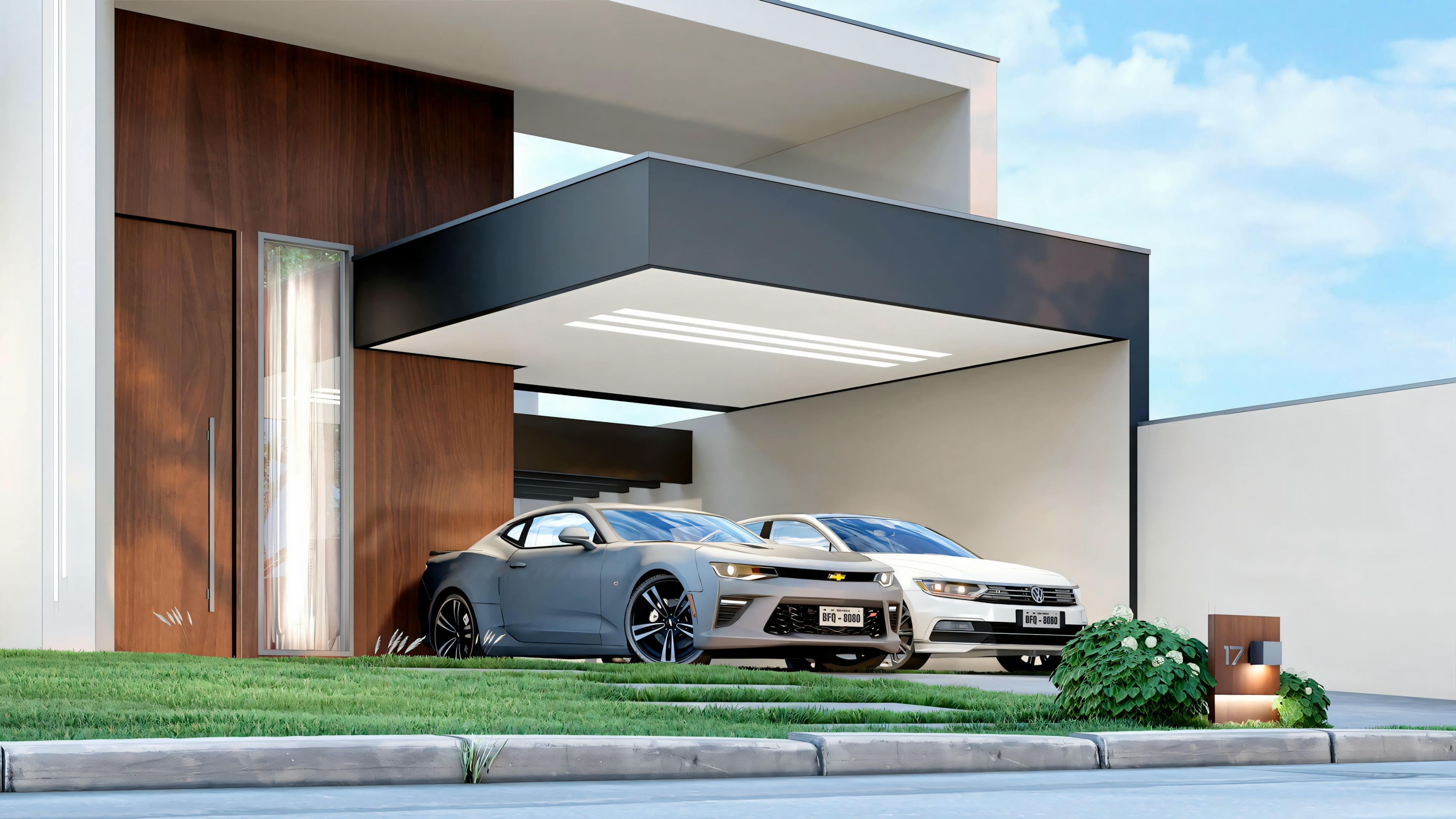 Exterior view of a luxurious house with a car parked in the garage.