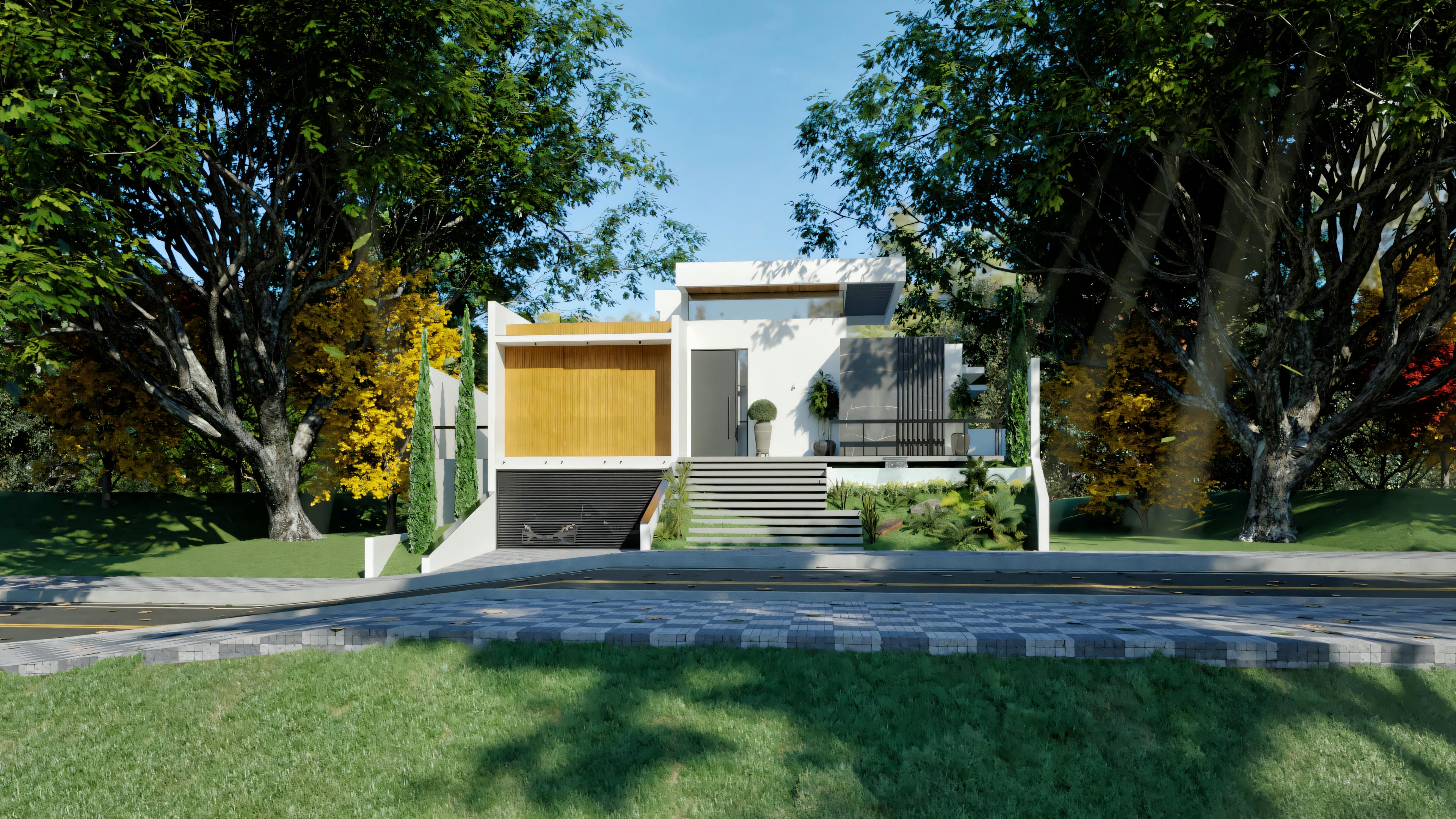 Luxury residential project with 4 suites, showcasing a modern facade with a garage and staircase, wide front view with surrounding trees.