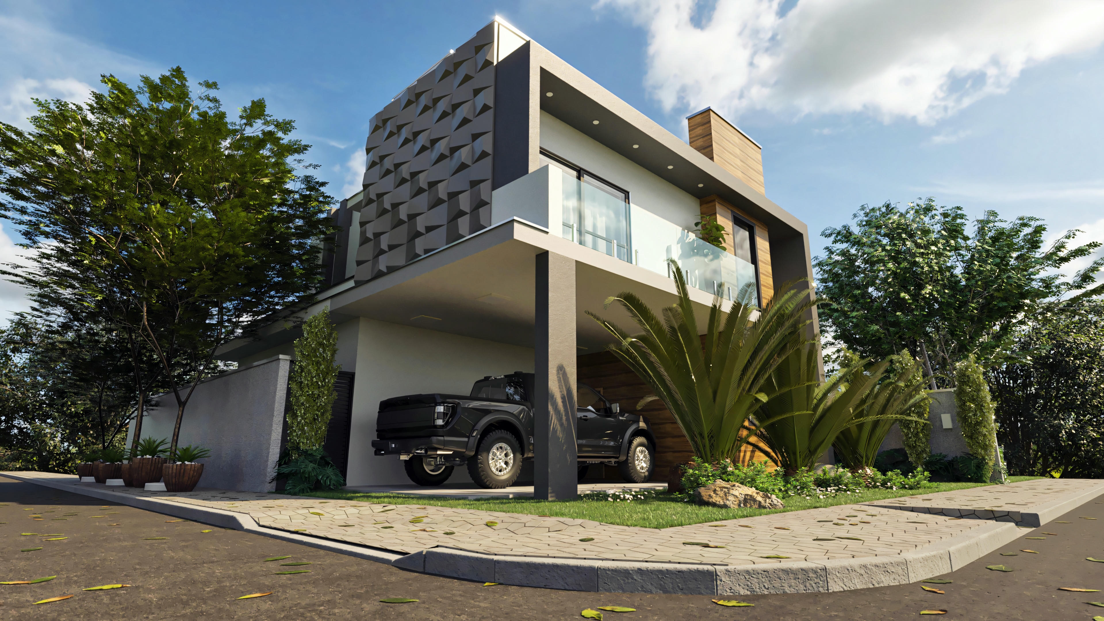 Vista em ângulo de modelo de sobrado moderno, exibindo a fachada lateral com revestimento texturizado, varanda com guarda-corpo de vidro e garagem para dois carros. Casa sobrado com varanda, 4 quartos (3 suítes), 210.57m².