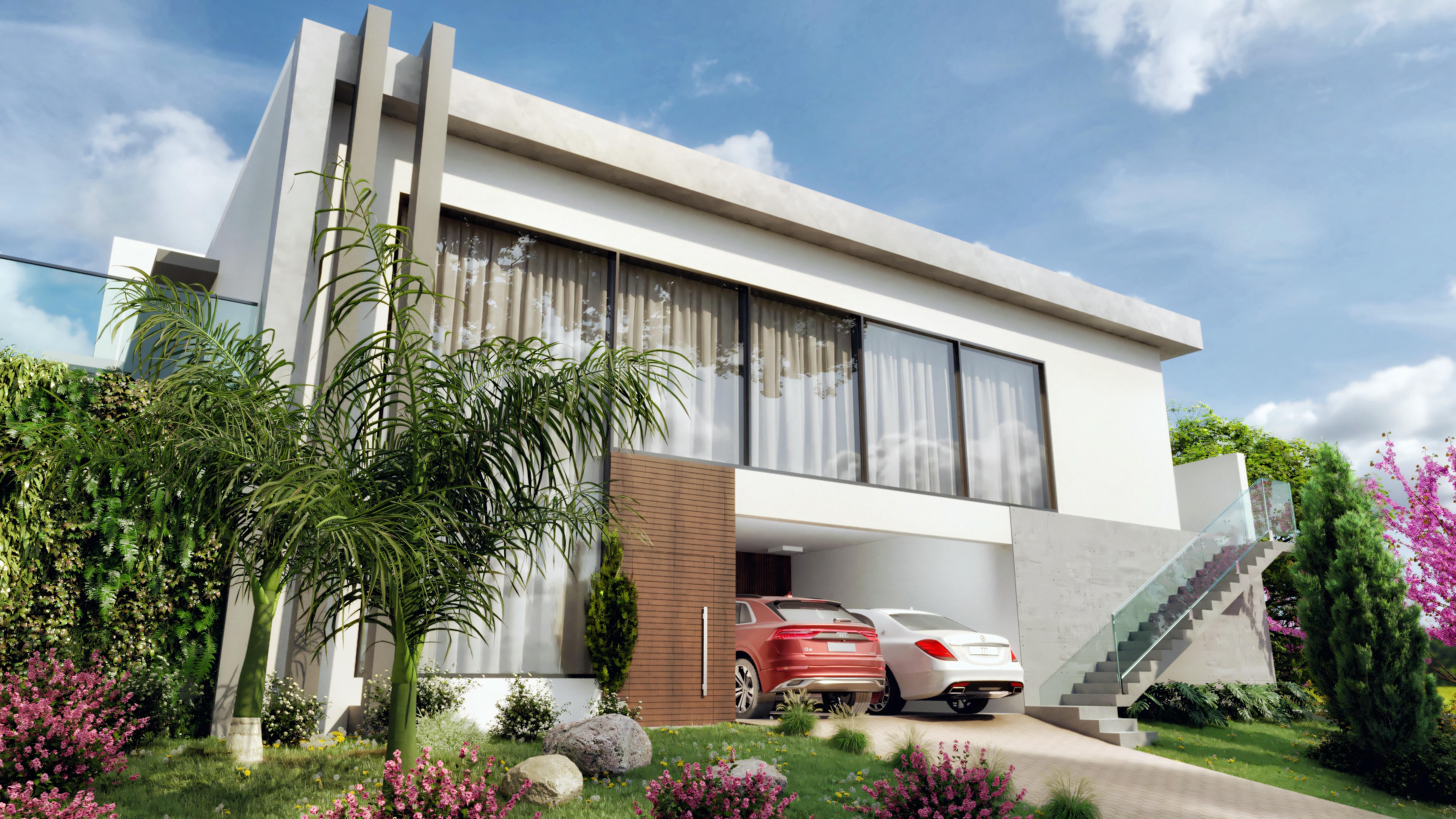 Angular view of the facade of a contemporary house with 3 suites, pool and gourmet area, on a 25x40 lot. The 335.08sqm project includes a two-car garage, office and stands out for its modern design with light-toned cladding, wood panel and lush landscaping.