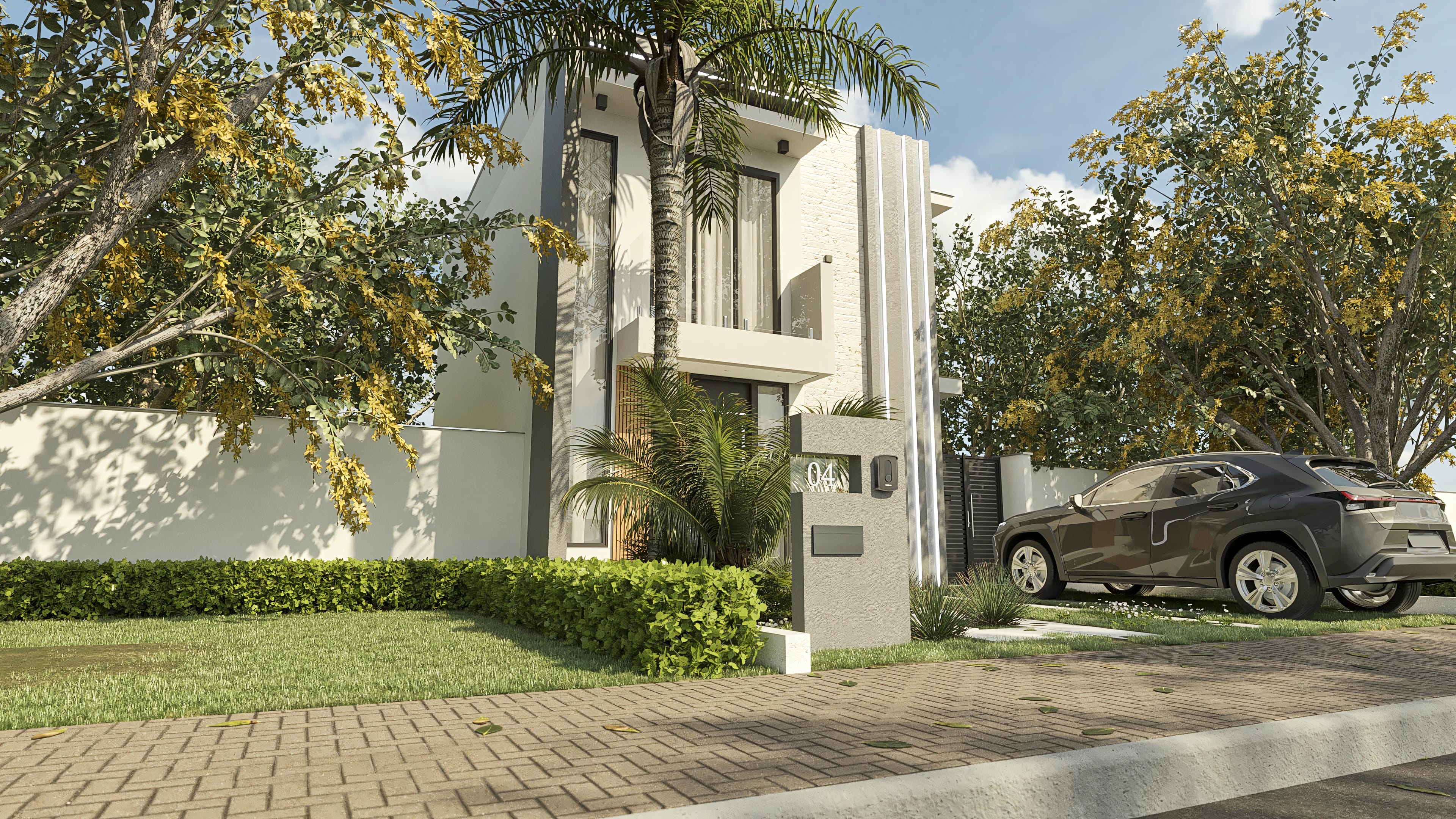 Modern facade of a small two-story house with 3 bedrooms, including 1 suite, gourmet area, pool, and 2 parking spaces, ideal for compact plots.