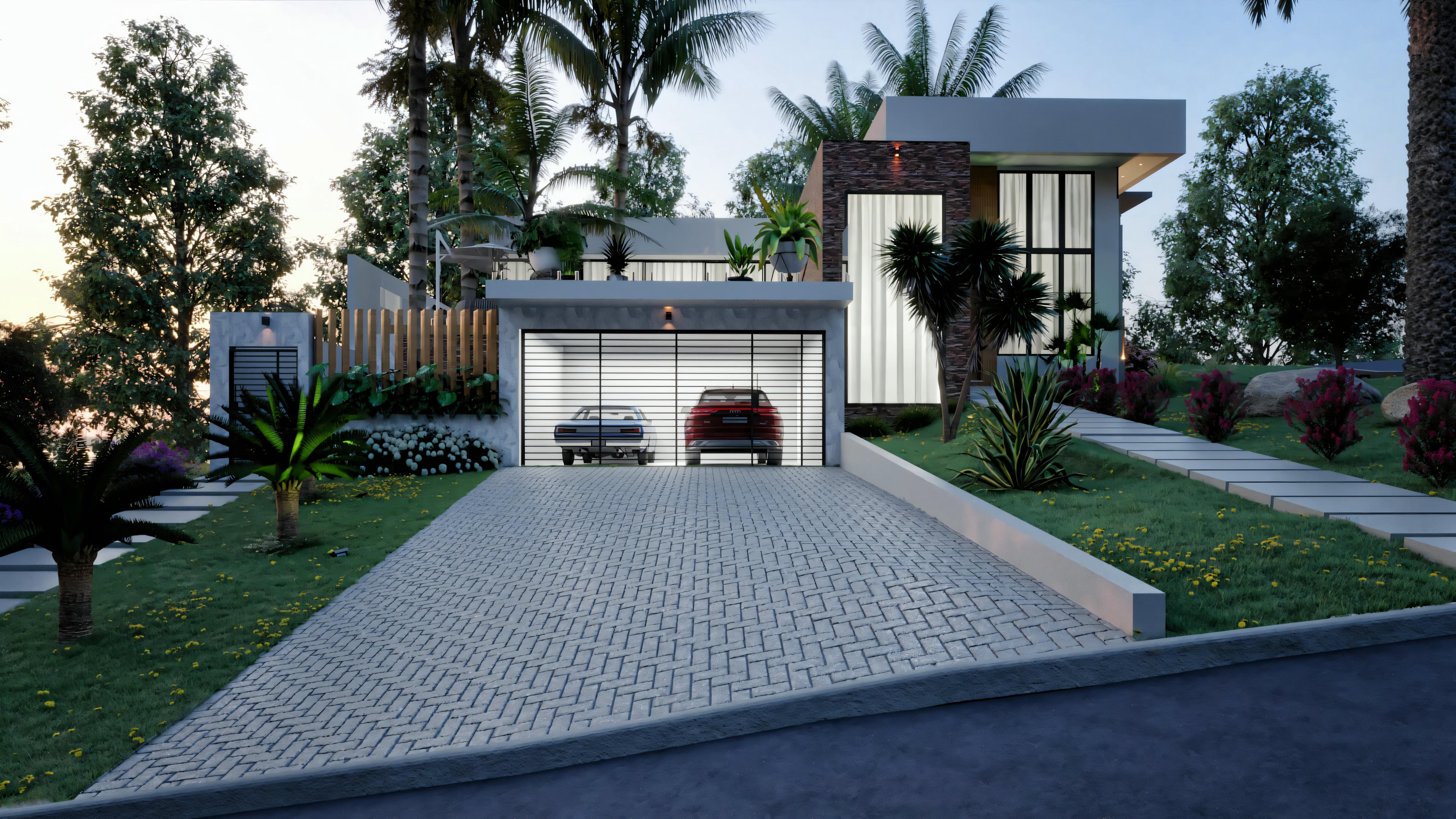 A modern house with a geometric design and large windows.