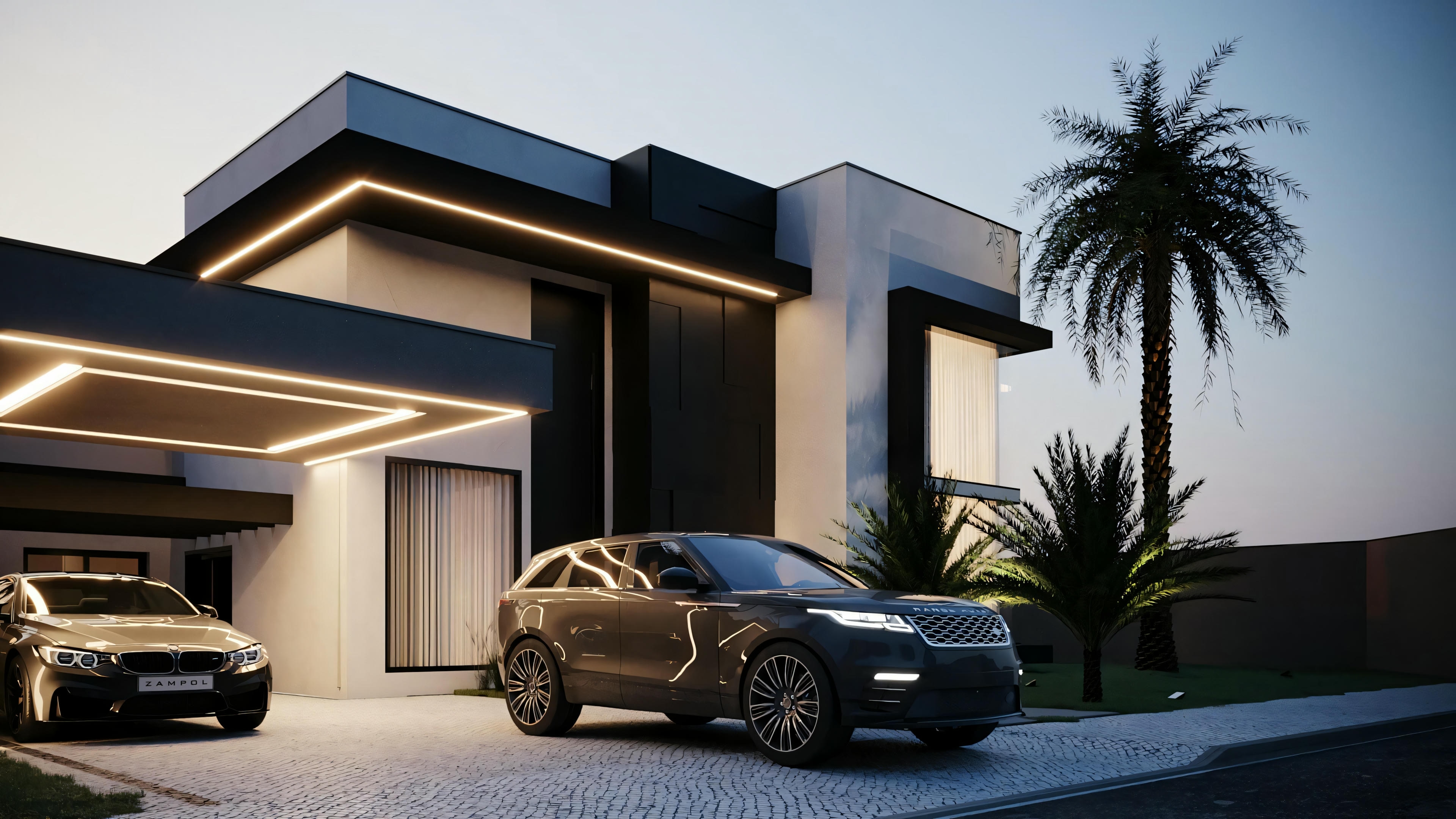 Modern house at dusk, with lights on and a car parked in front.