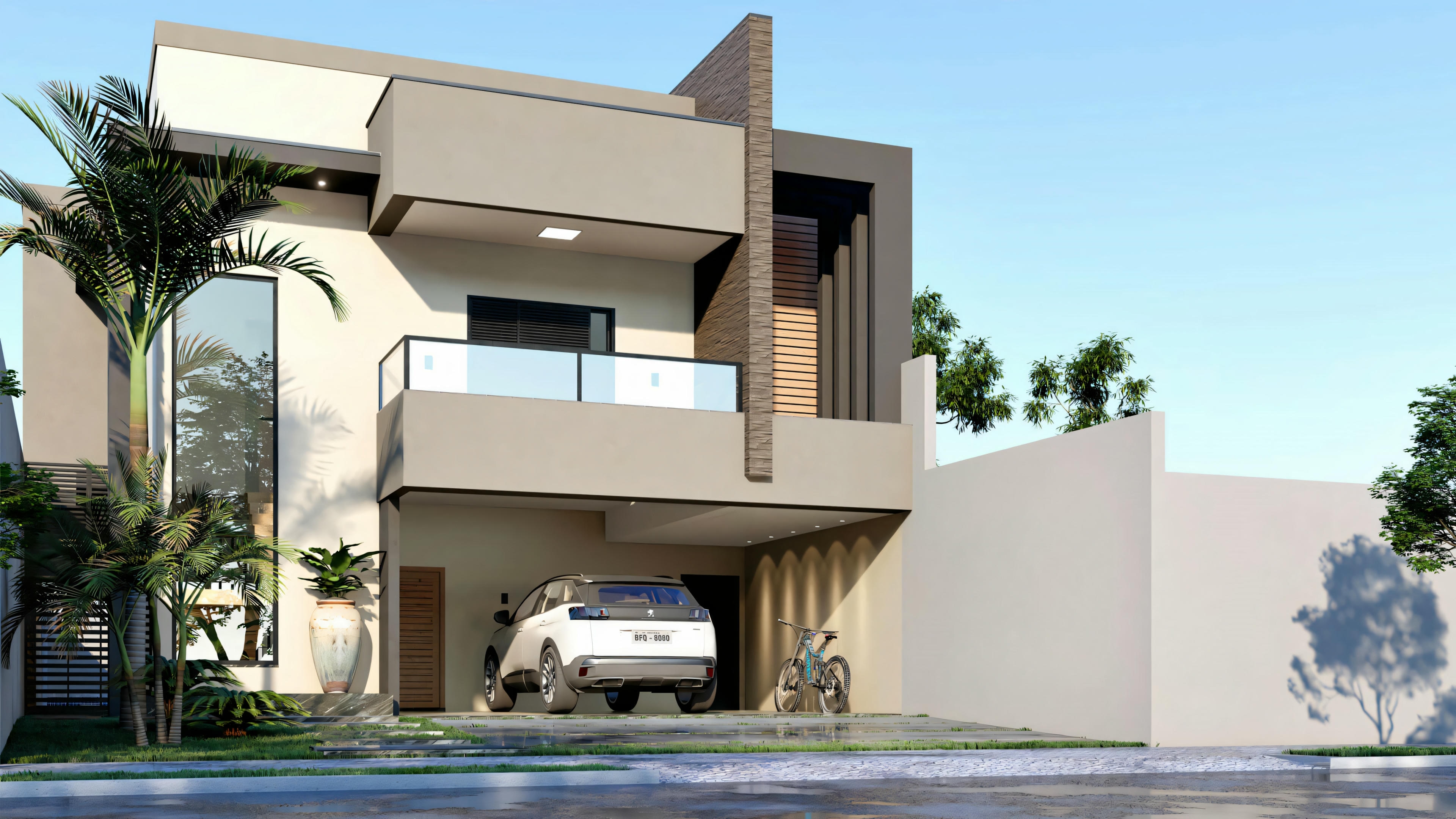 Digital rendering of a modern two-story house during the early morning.