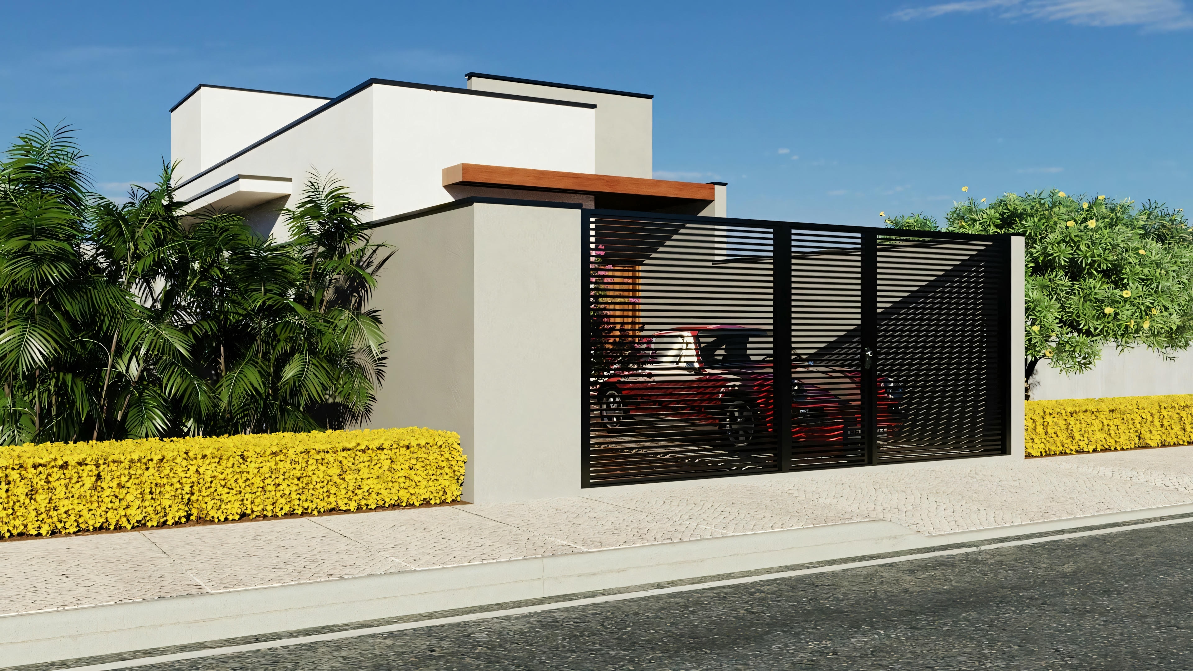 View of the entrance of a modern house, focusing on the outdoor area and part of the open-air space.