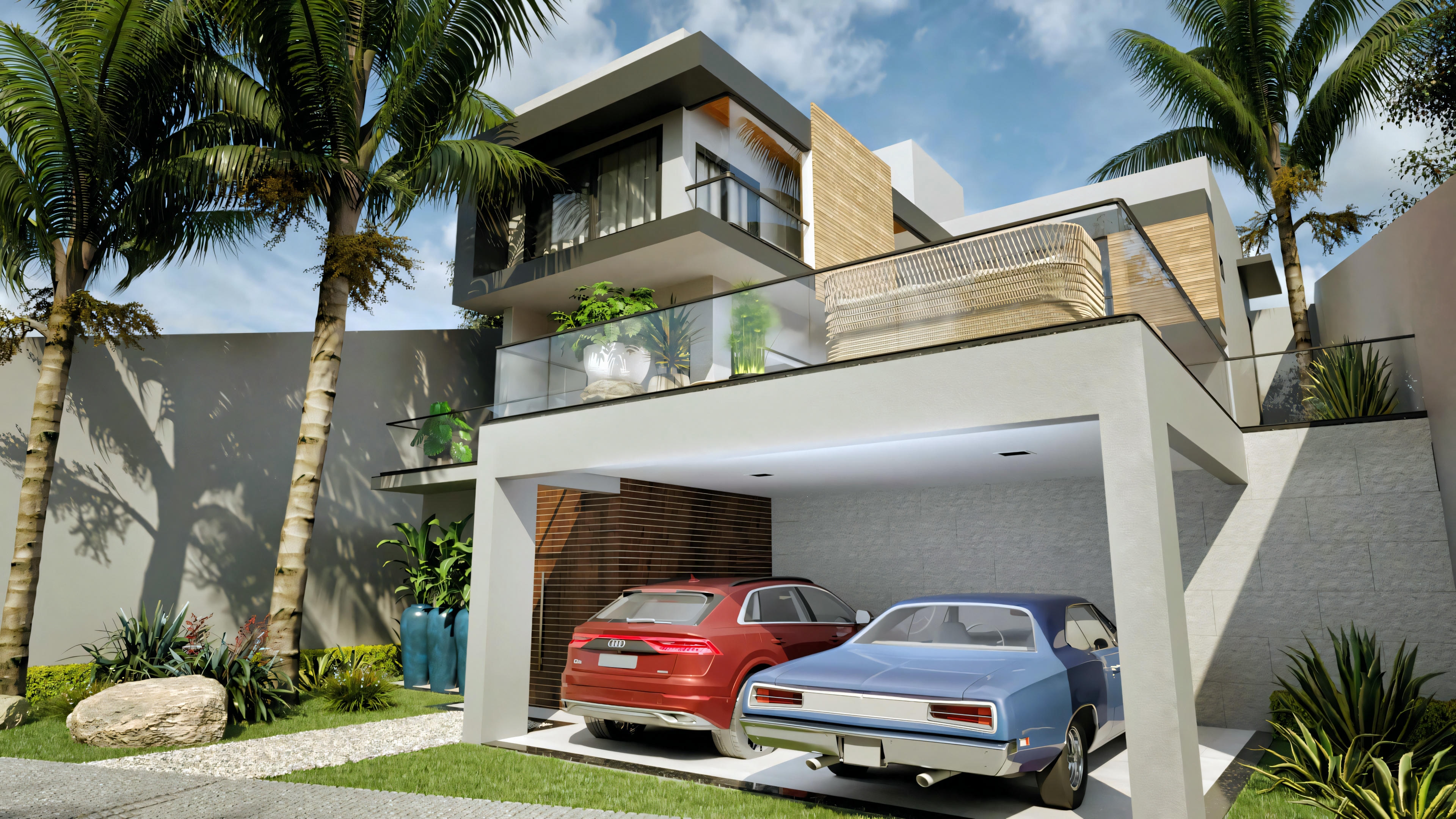 Angled view of the facade of a modern house, with 4 suites and 316.98m². Shows garage for two cars, entrance with landscaping and wooden details, and upper balcony with glass railing.