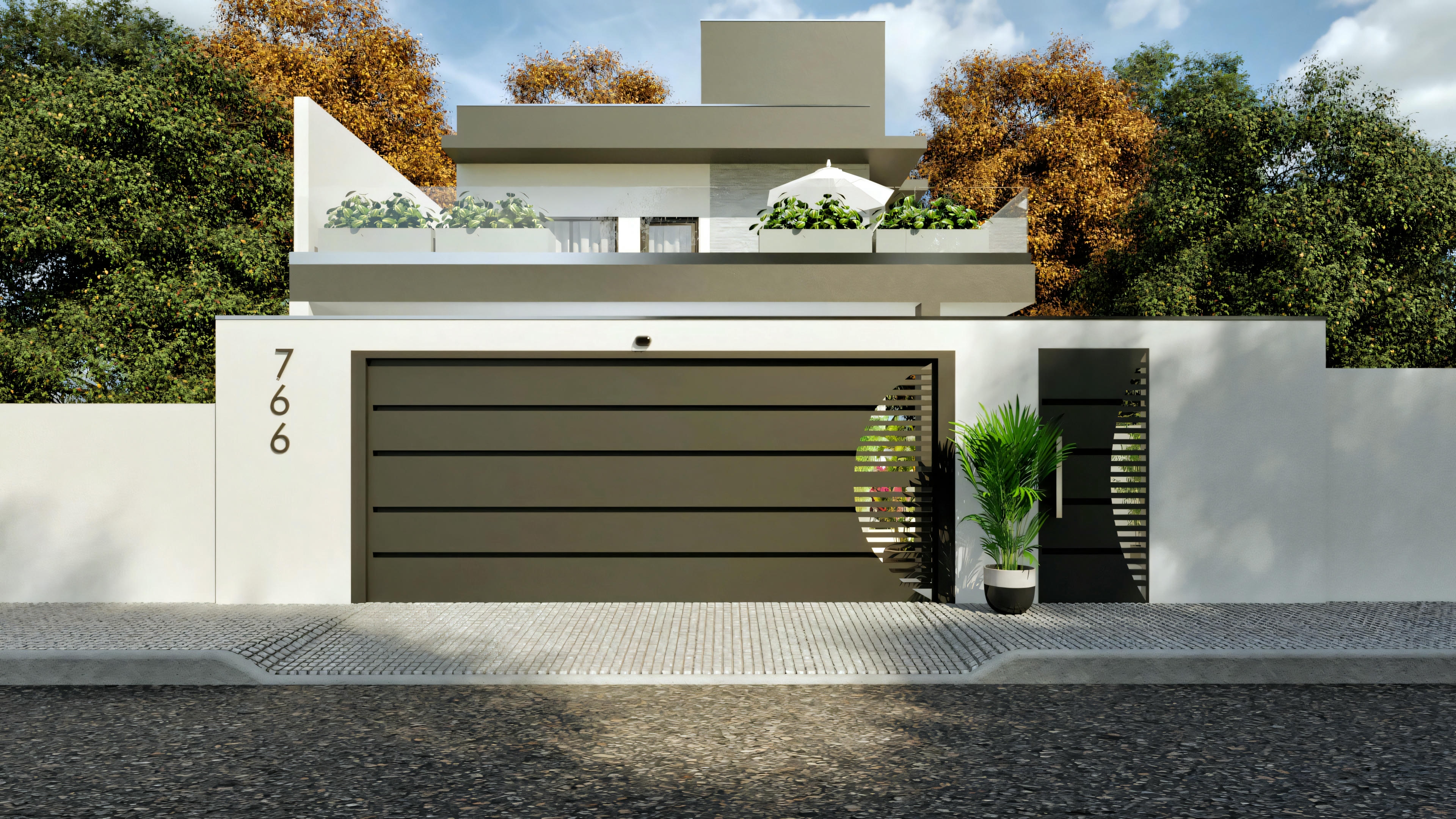 Facade of a modern house with a flat roof, large windows, and a garage.