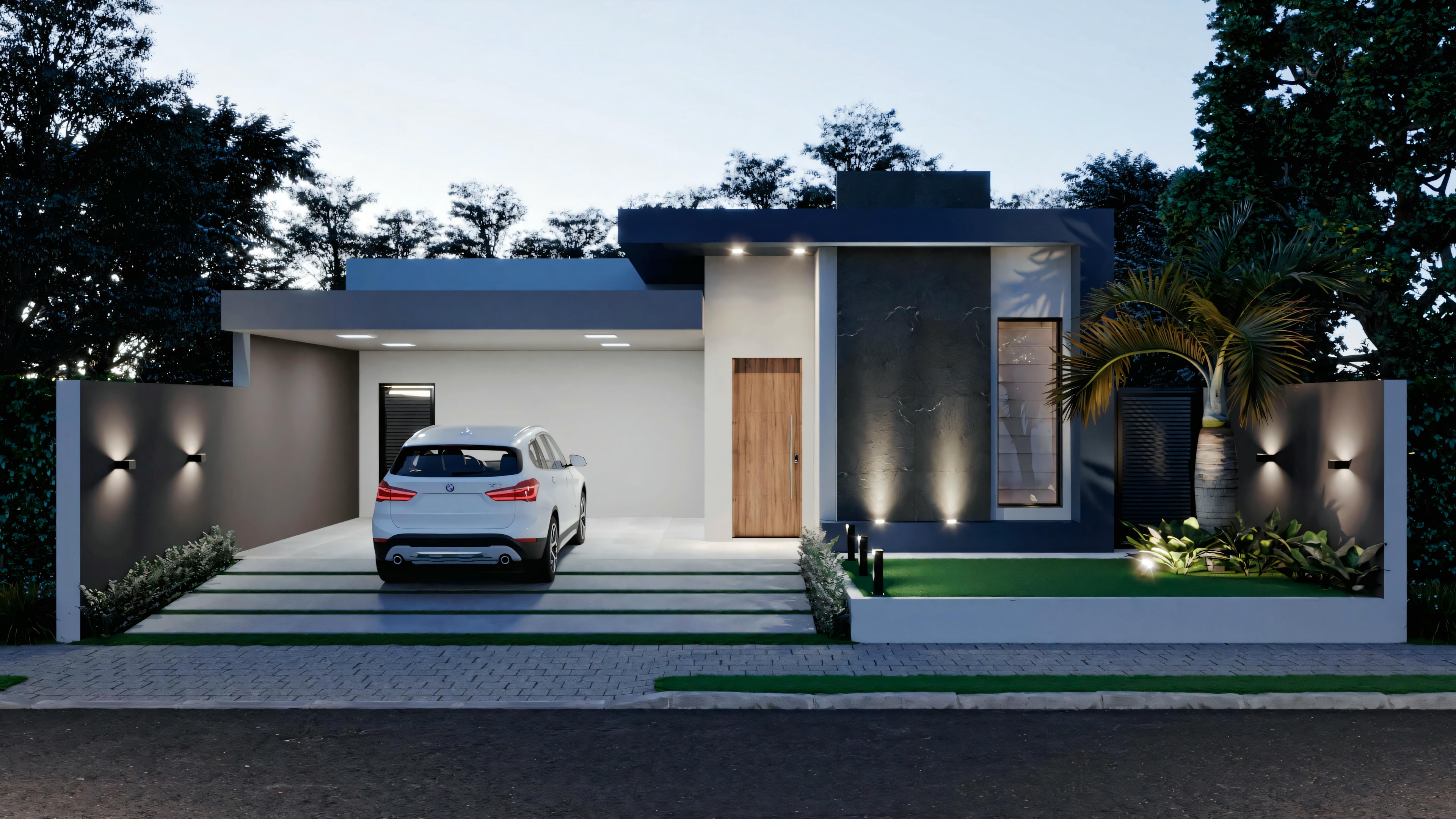 Facade of a modern house with a flat roof, large windows, and a car parked in the driveway.