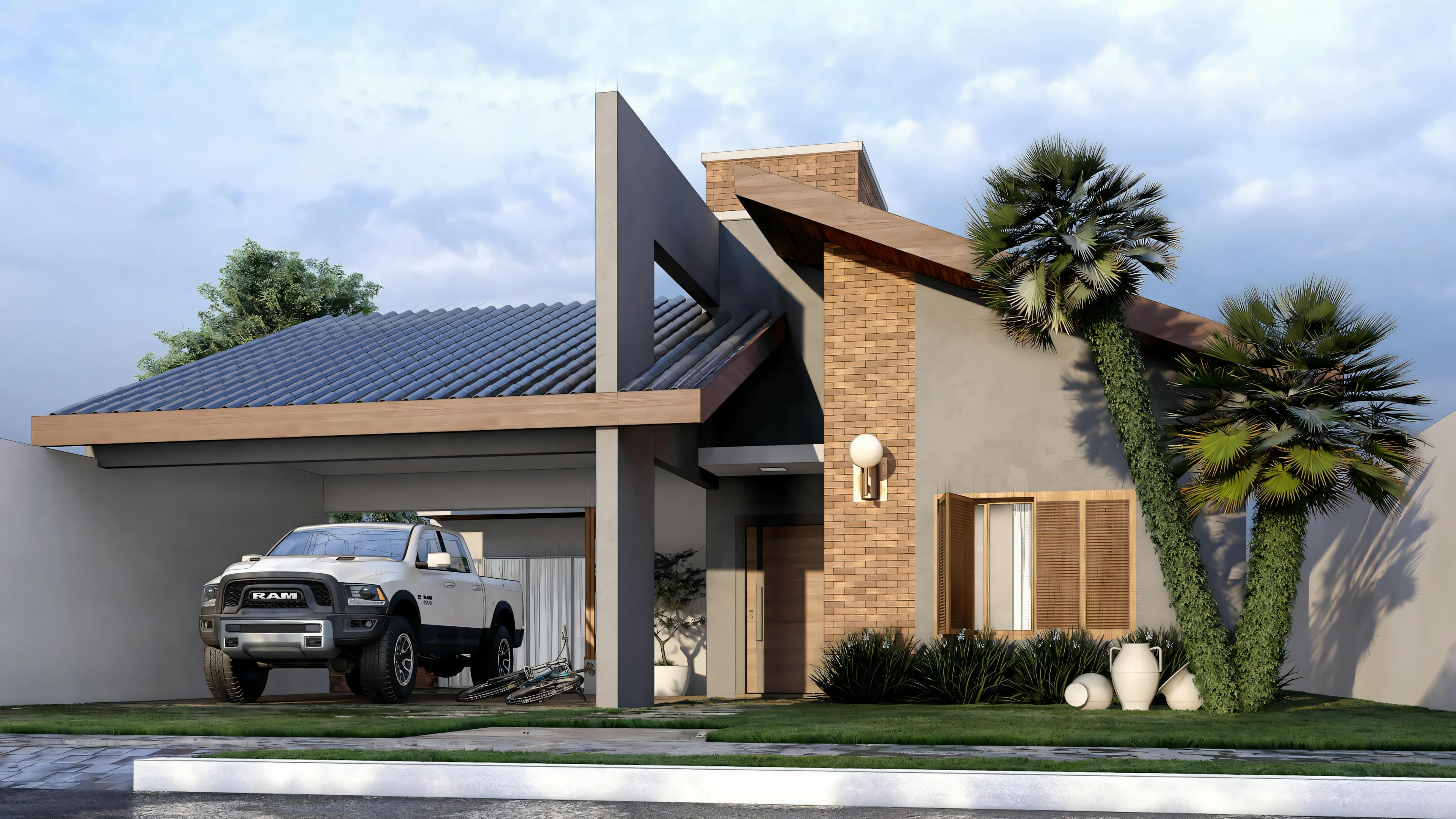 The facade of a modern house with a car parked in front.