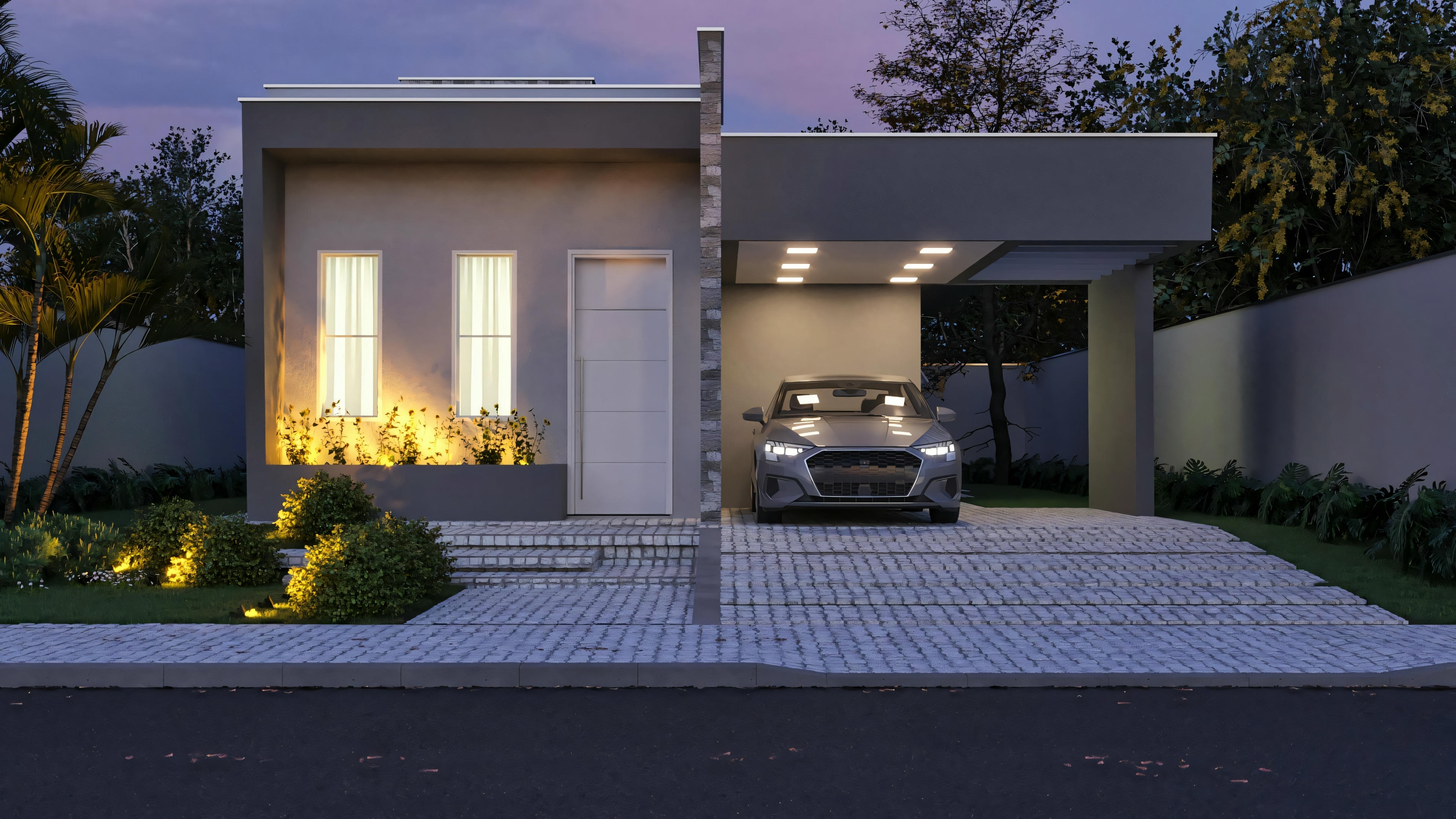 A modern single-story house at dusk, with internal and external lights on.