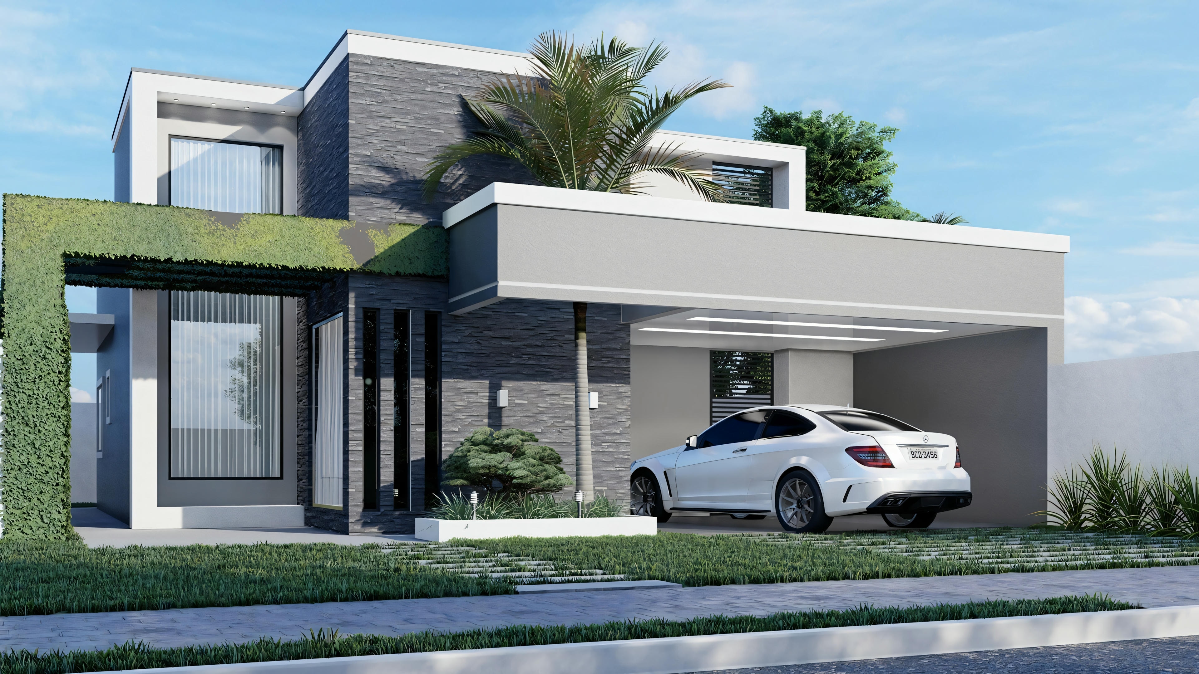 Exterior view of a modern house with large windows and a parked car.