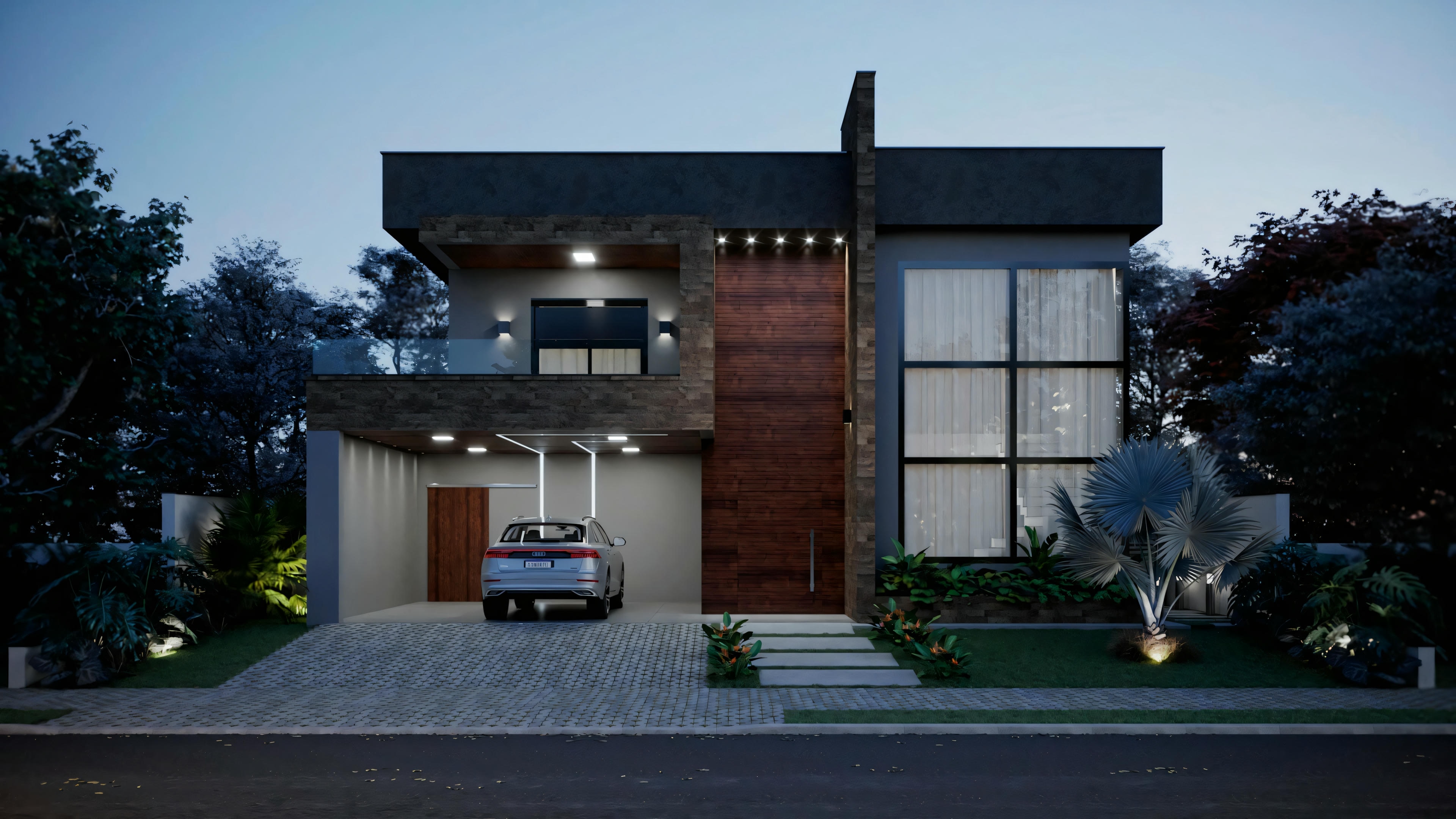 A modern house with a minimalist design, using materials like glass and concrete, with landscaping around it.
