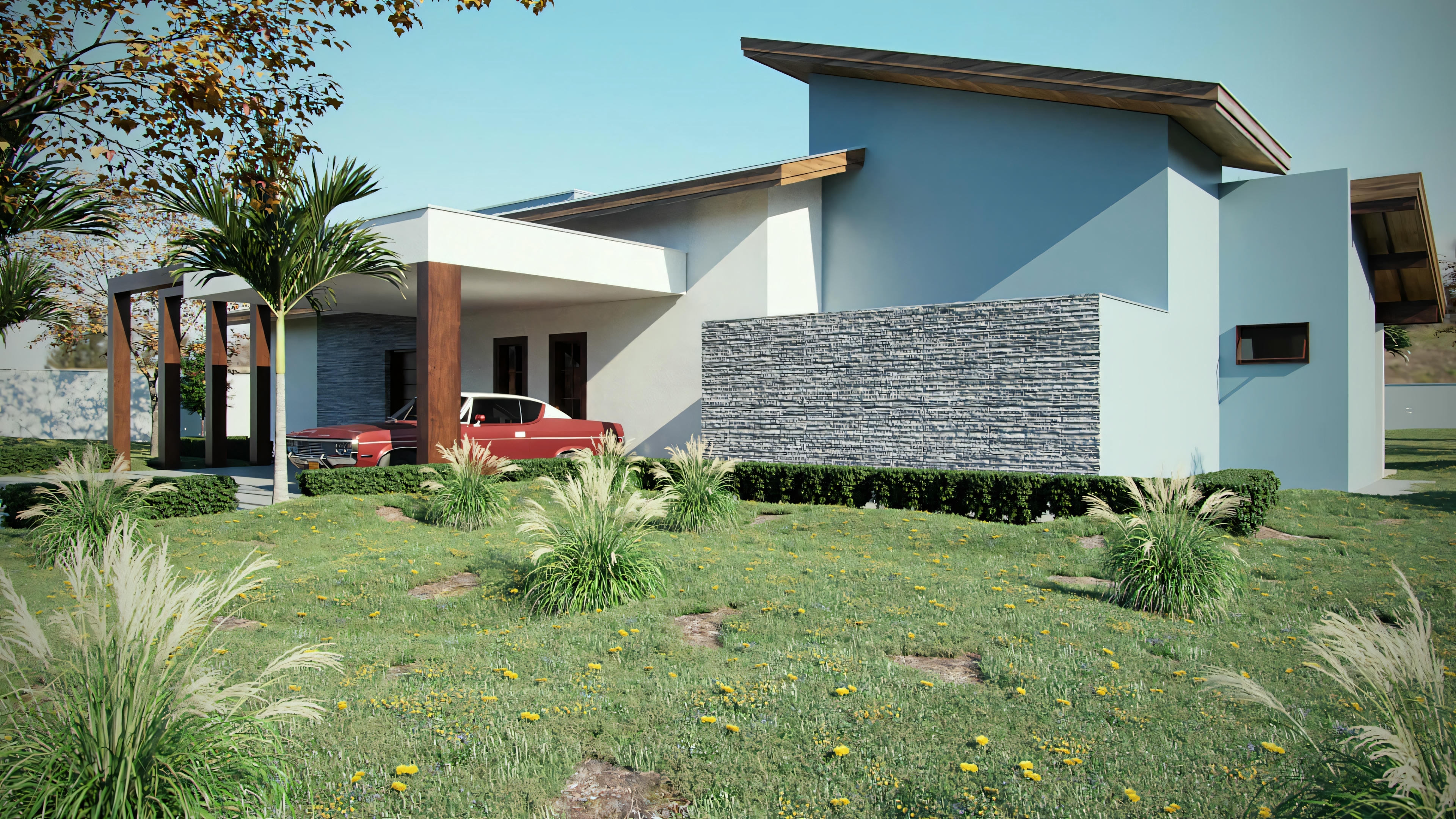 View of a modern house with a pool and outdoor leisure area.