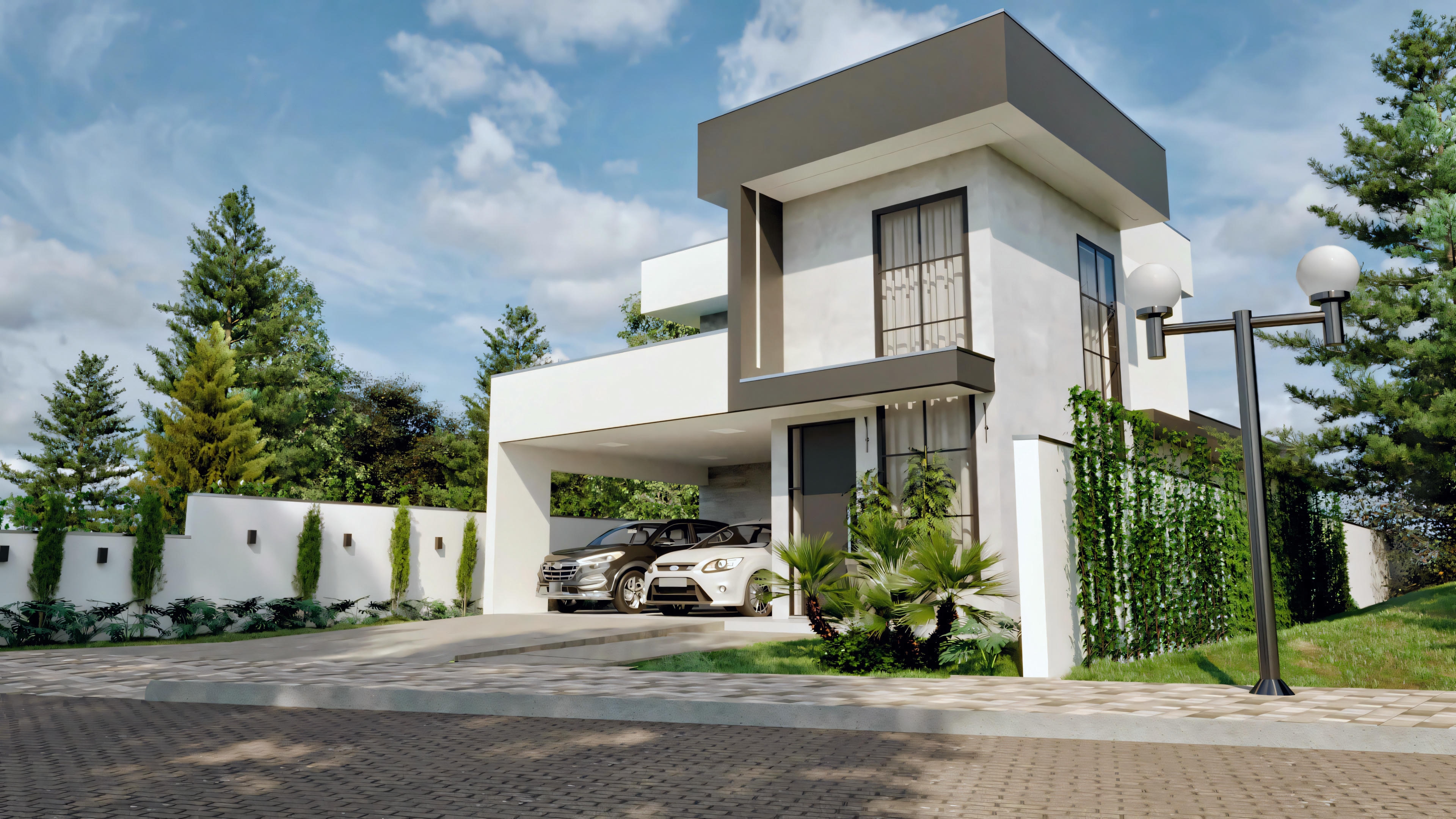 Modern house with upper balcony, large windows, and a car parked outside.