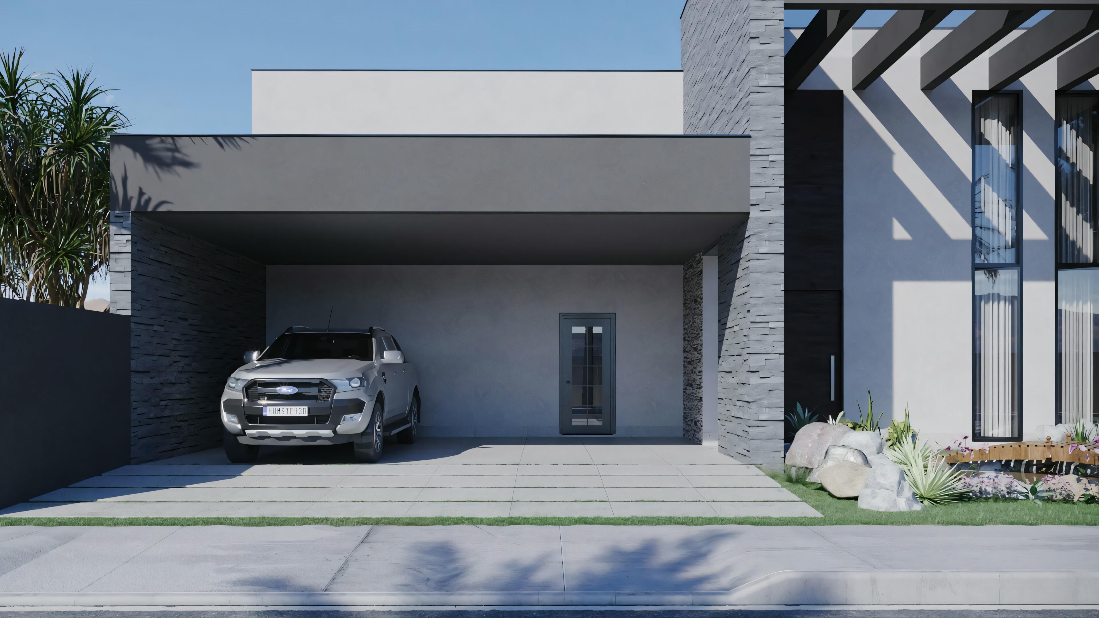Another modern single-story house with a flat roof, large windows, and minimalist design. There is a car parked in front of the garage.
