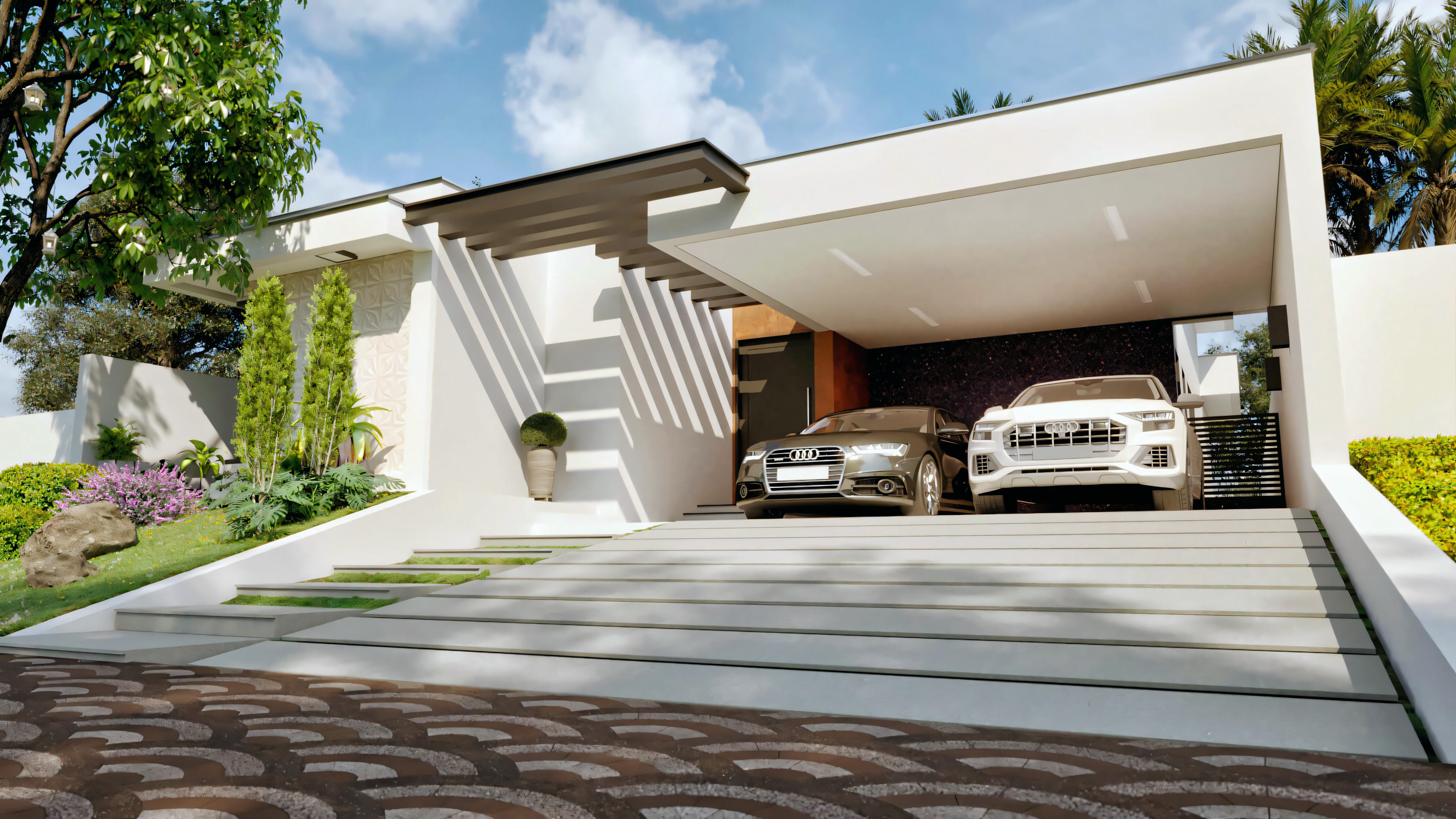 A modern house at dusk with interior lights on, highlighting a large garage door and a well-lit entrance area.