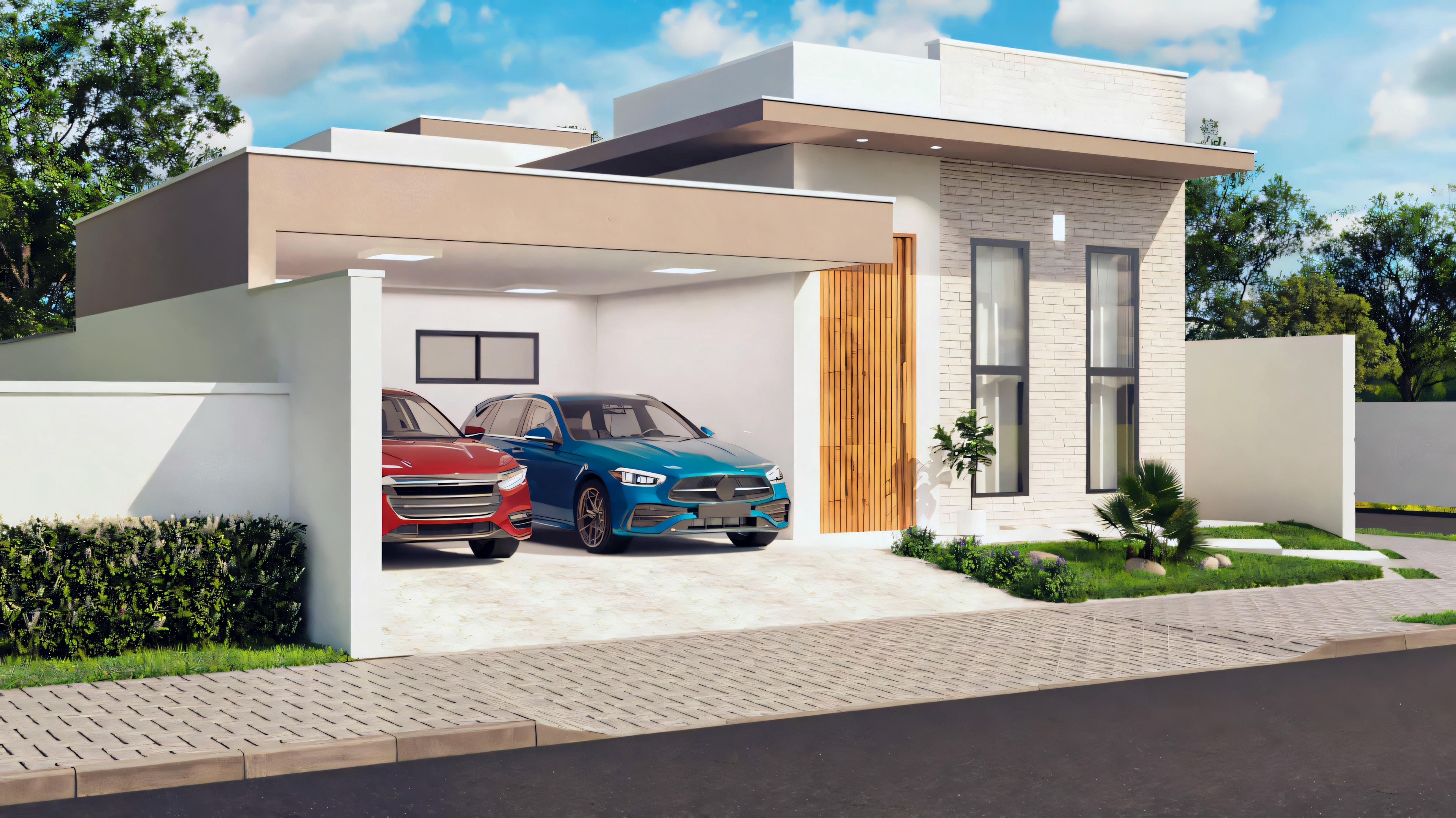 View of a modern house with a flat roof and large windows, from a different angle and with no visible cars.