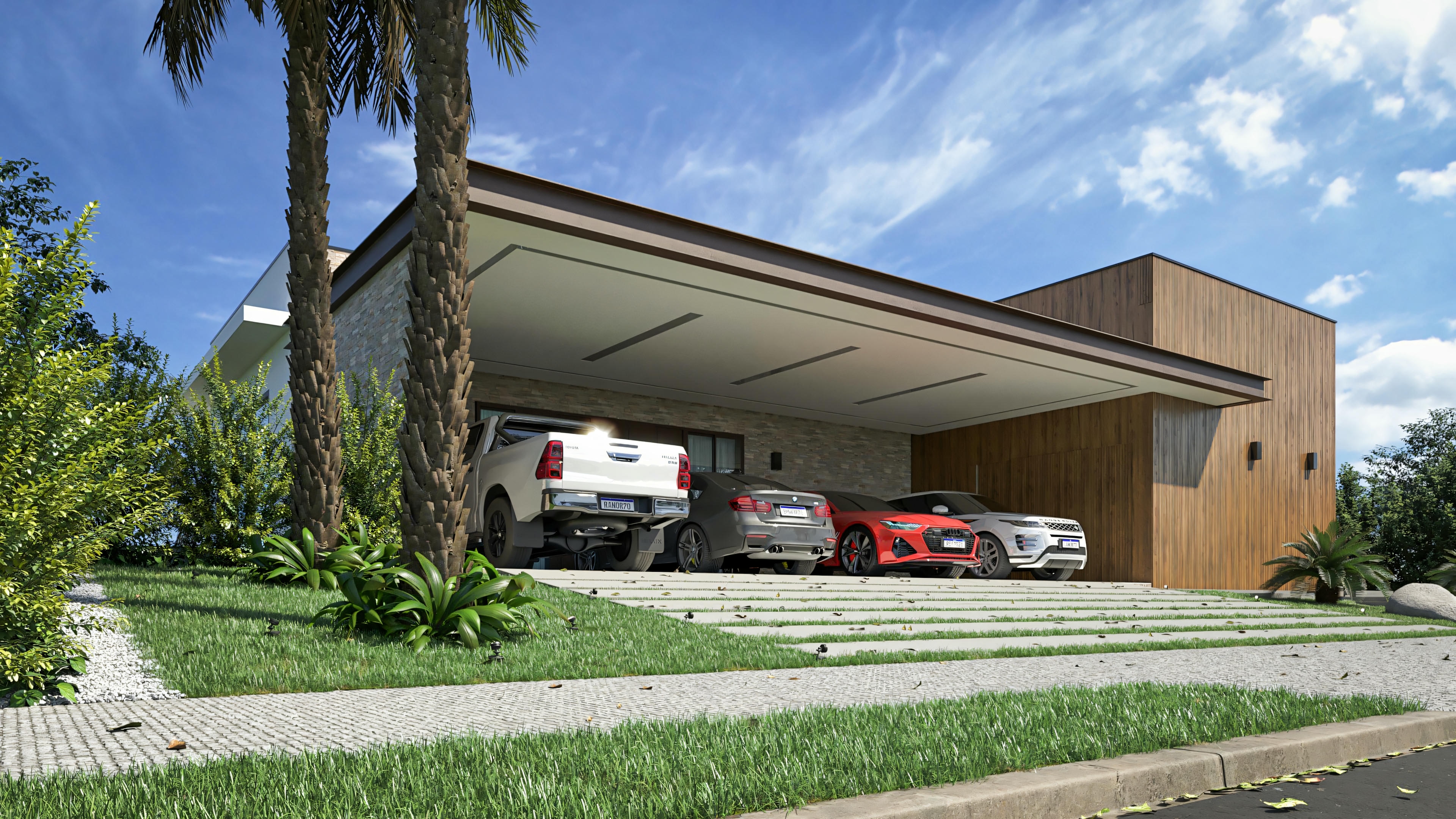 Modern and imposing house project with a detailed facade showcasing a 3-car garage, double-height glass, and landscaping. House with 555.9m² area, 4 suites, on a 20x35 meter lot.