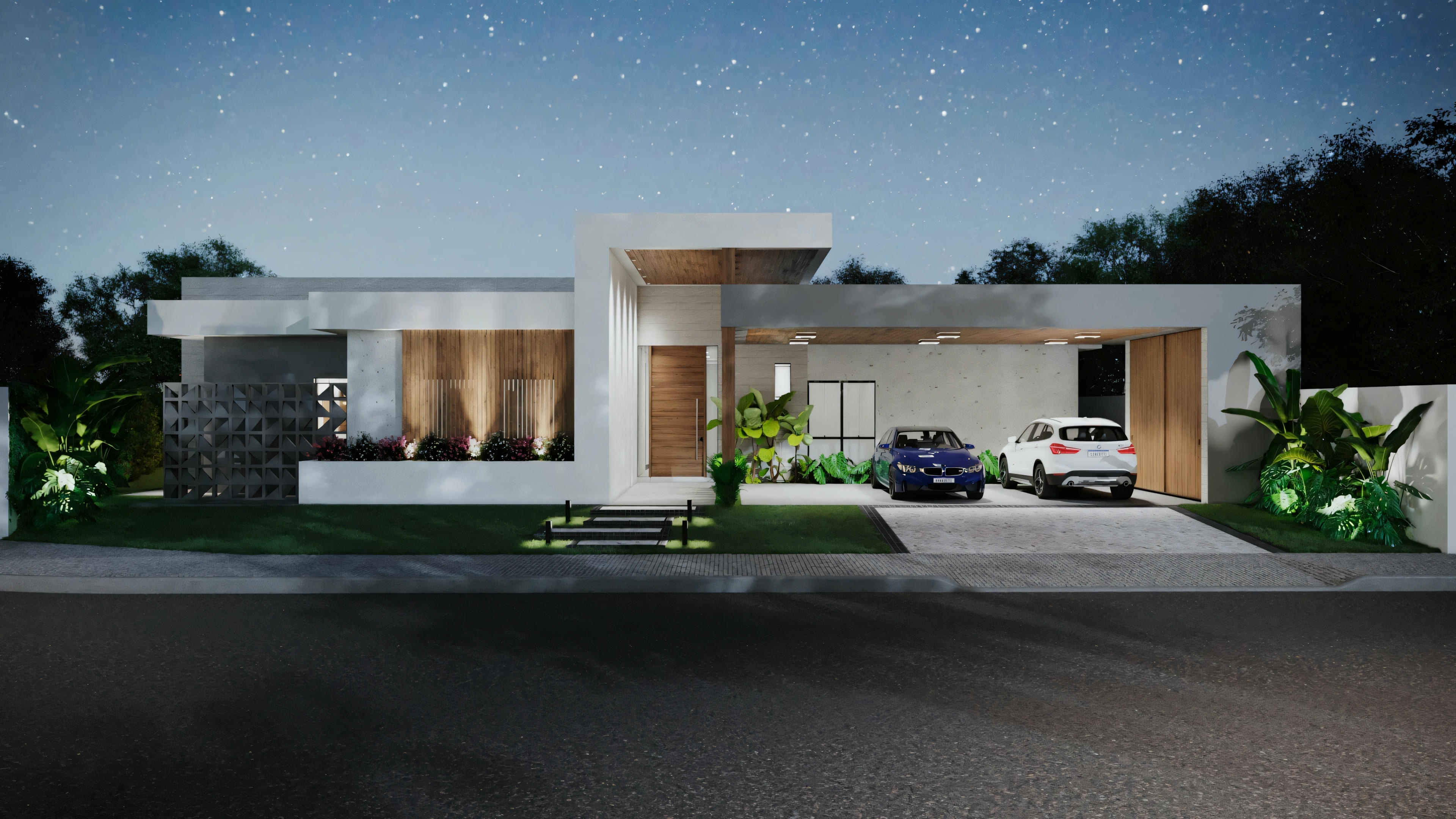 A modern one-story house at dusk with interior and exterior lights illuminated, featuring a flat roof, large windows, and an entrance with two cars parked in front of the garage.