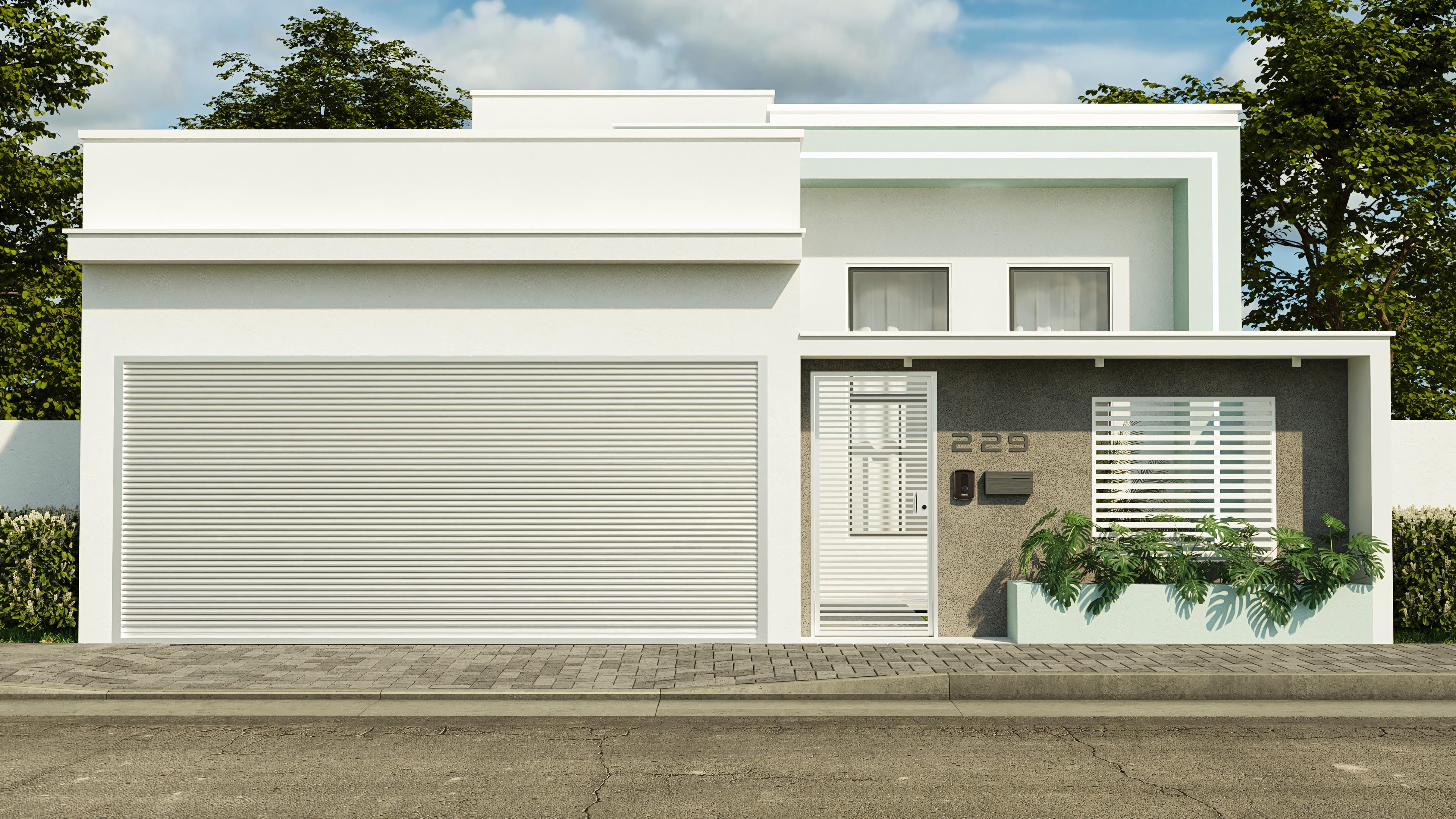 Modern facade of a single-story house with a wide garage, entrance door with a clean design, and recessed top windows. Neutral tones and discrete landscaping.