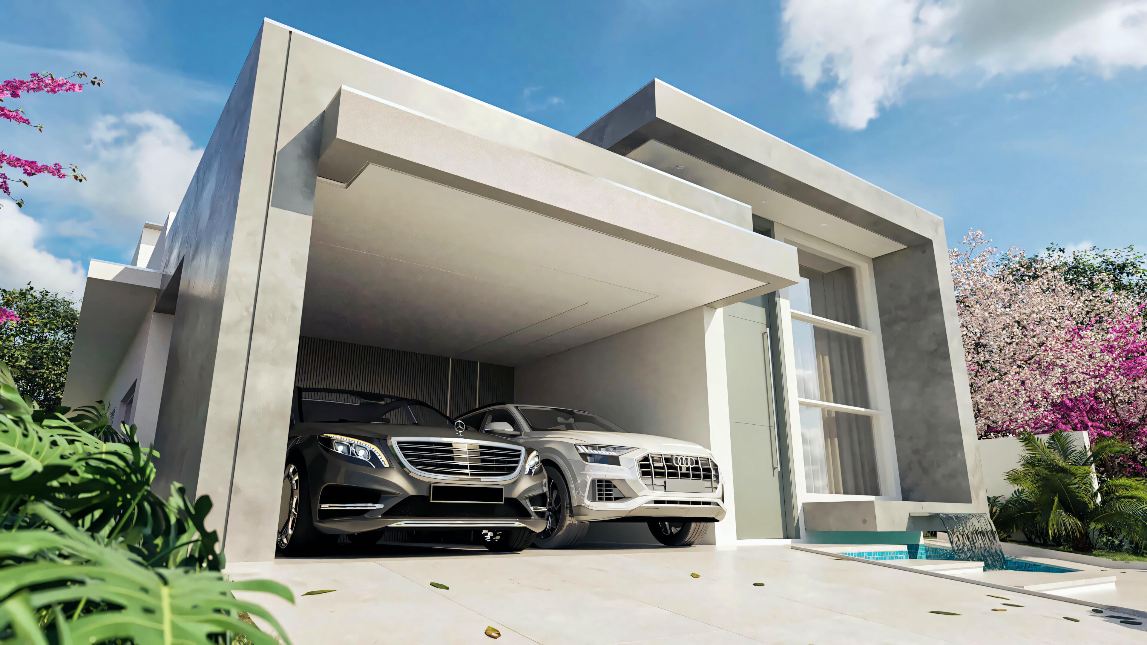 Front view of a modern single-story house with 3 bedrooms, highlighting the covered garage for two cars and the entrance with landscaping and a water feature. 203.67m² project.