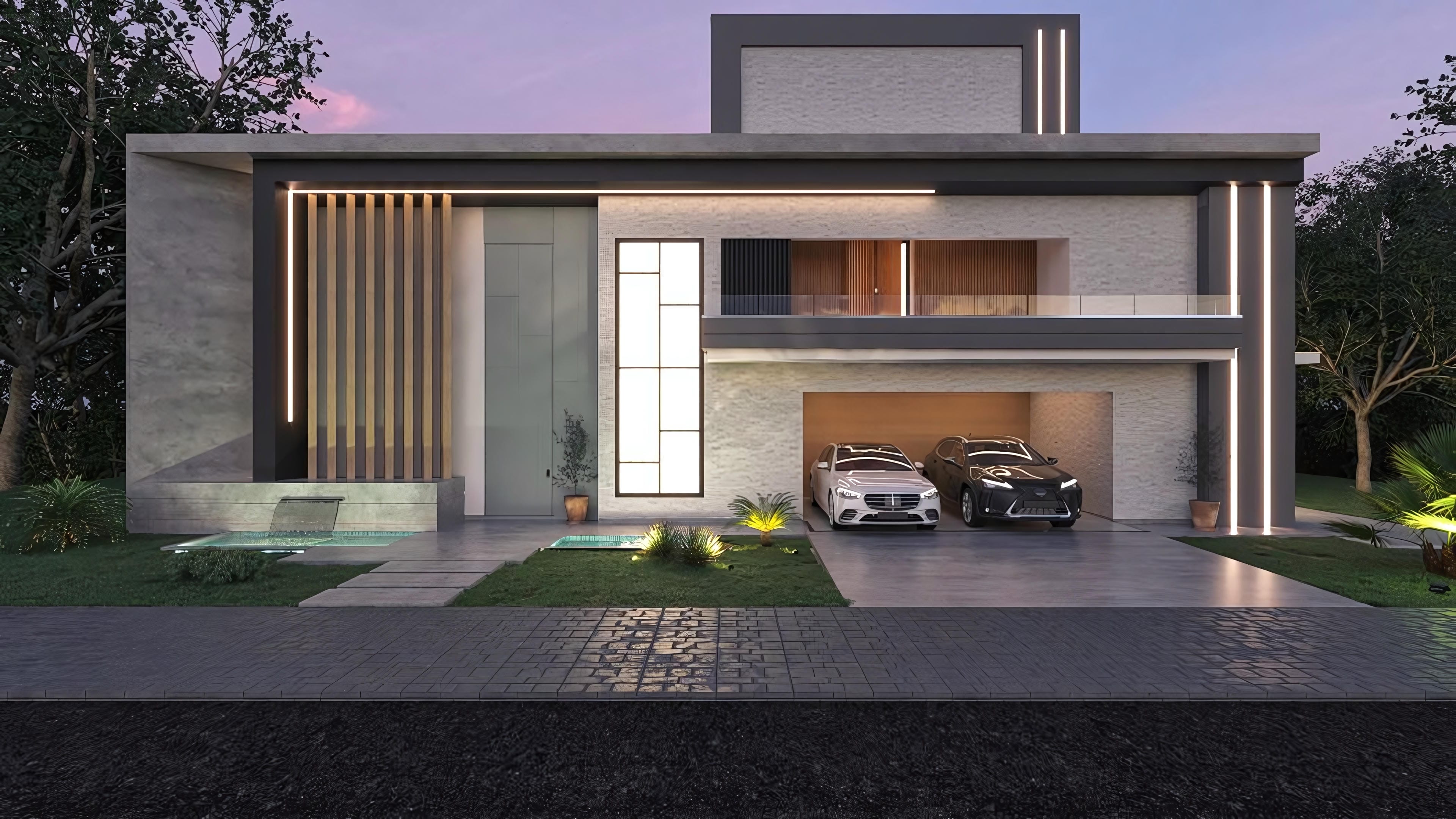Modern facade of a luxury two-story house with a pool, integrated gourmet area, artificial beach, and sophisticated lighting elements.