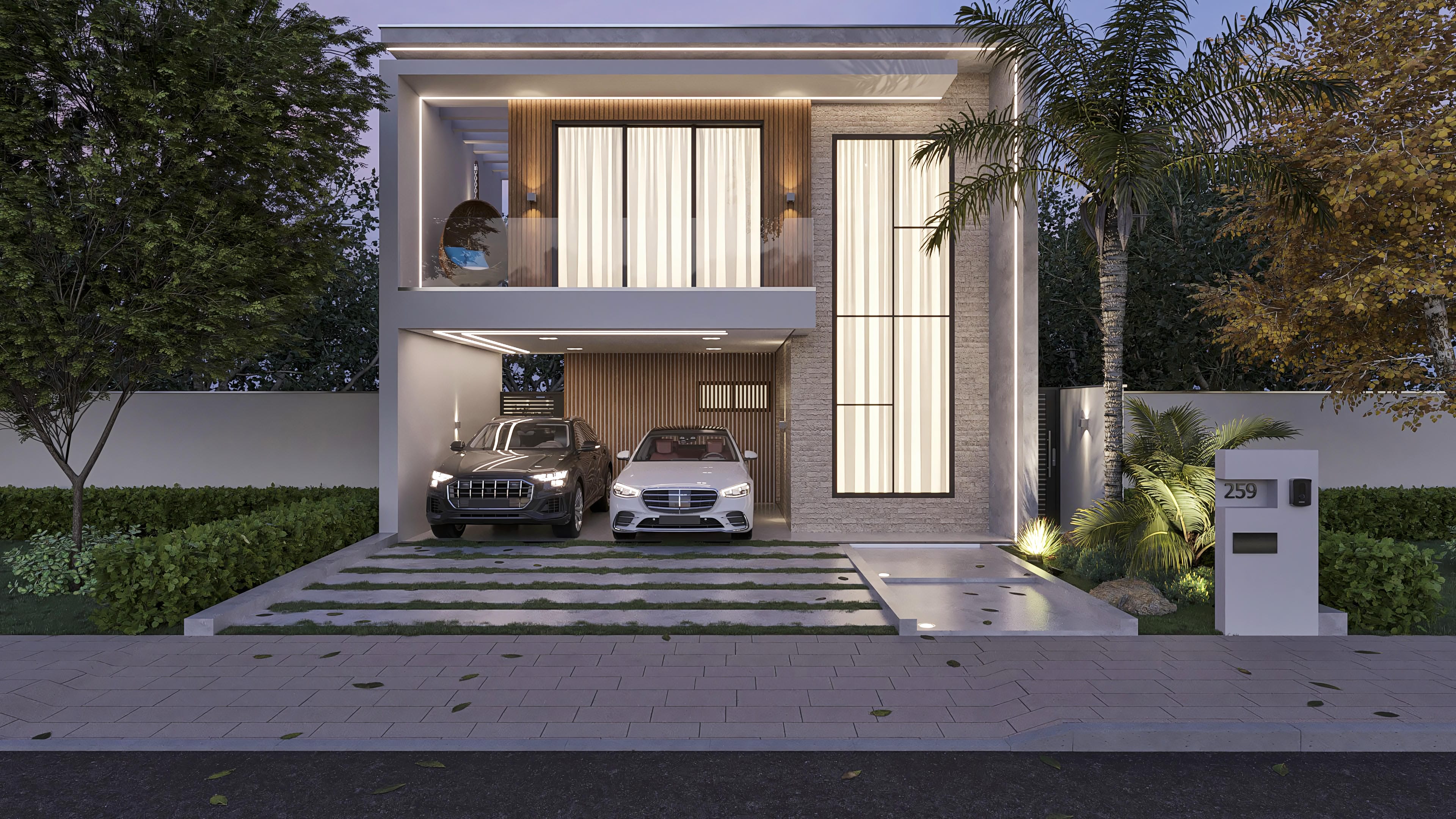 Modern facade of a two-story house with 3 bedrooms, a suite, a gourmet area with a pool, and a 2-car garage.