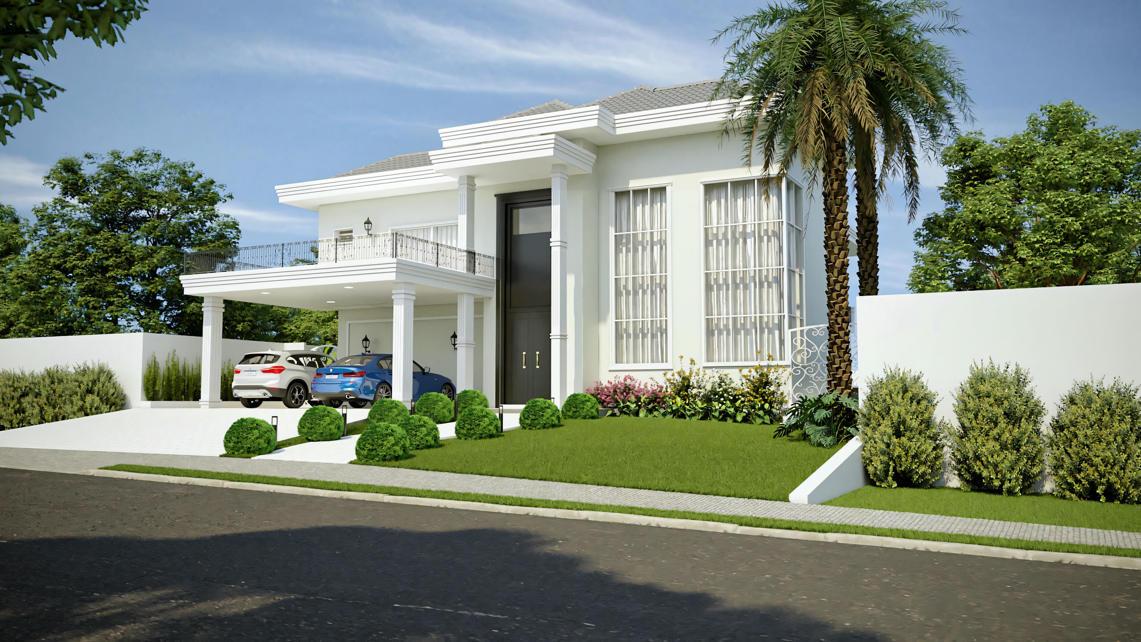 Front view of a modern neoclassical style two-story house, highlighting columns on the balcony over the two-car garage, 4 suites.