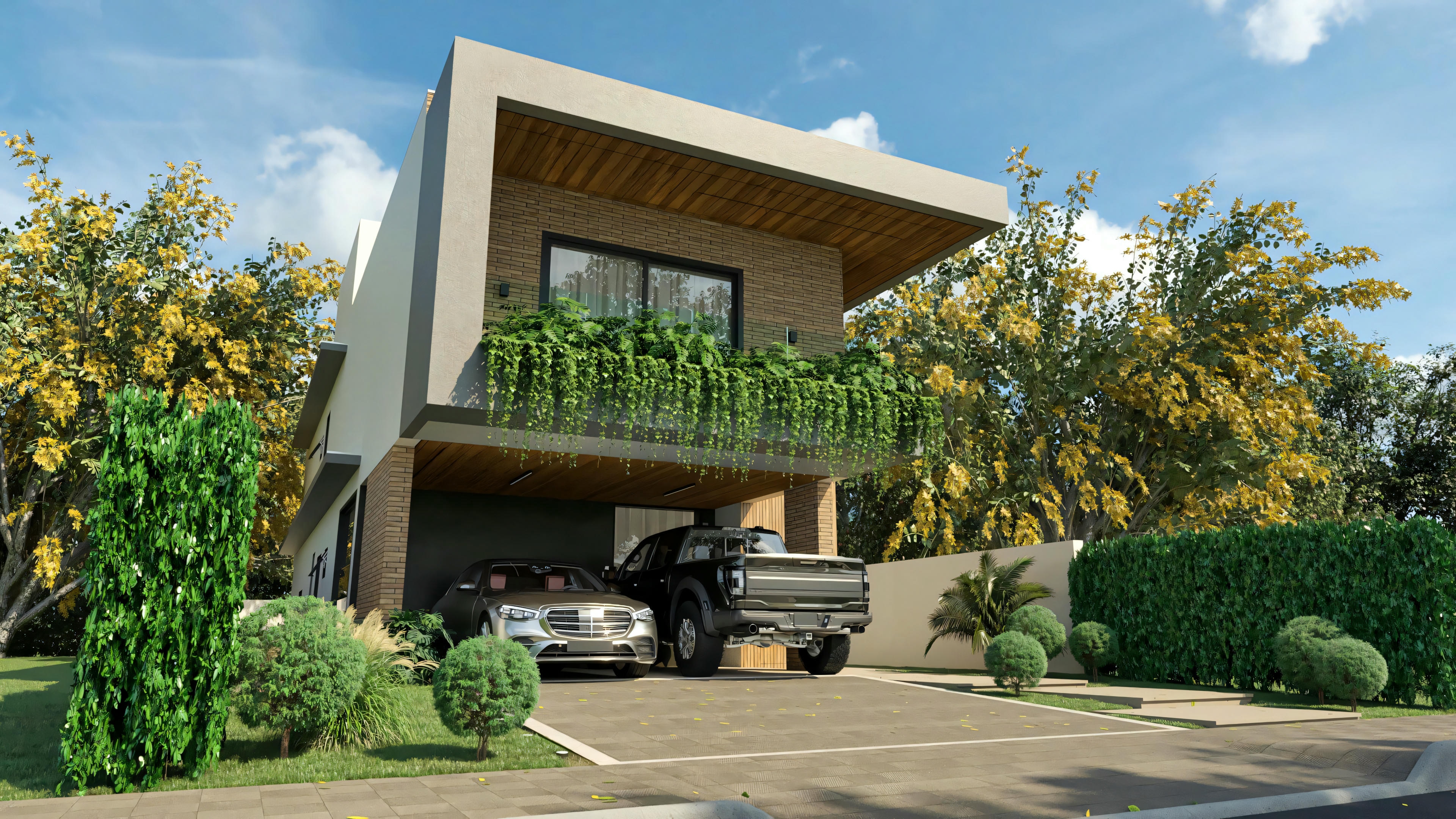 Perspectiva da fachada de sobrado moderno de 330m², estilo industrial, com garagem para 2 carros, varanda com vegetação exuberante, e revestimentos em tijolinho e madeira.