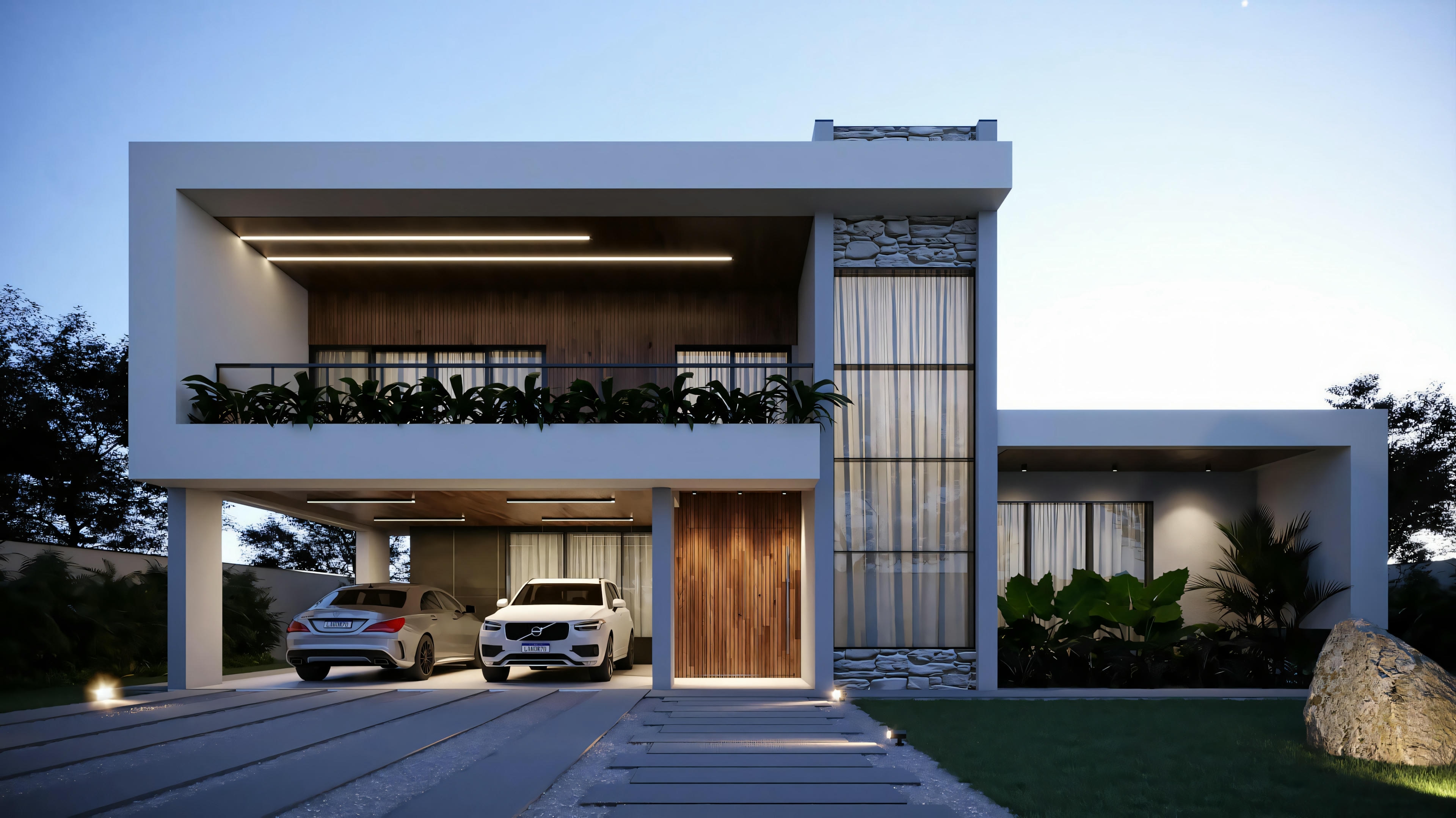 Imagem da fachada de um projeto de casa pronta com 368.67m², 3 suítes e área gourmet. Estilo moderno com dois pavimentos, garagem para 2 carros, varanda e detalhes em pedra e madeira.