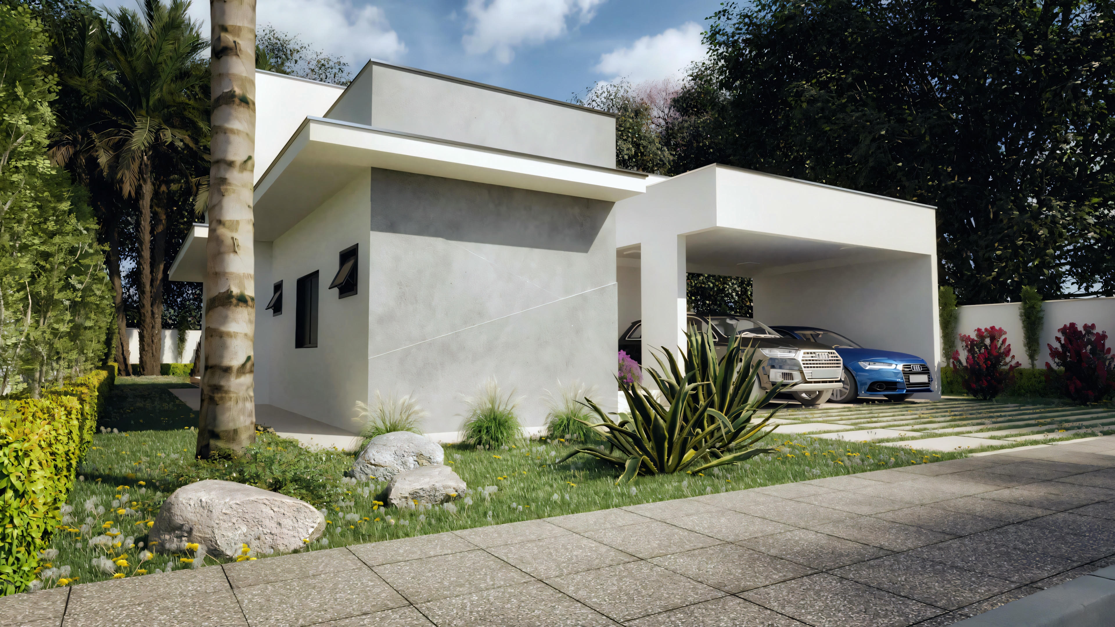Vista em perspectiva do projeto pronto de casa térrea com 2 suítes (3 quartos no total) e 170.8m² construídos. Detalhe da fachada lateral moderna, garagem dupla coberta e paisagismo, parte da planta de casa térrea para terreno 18x30m.