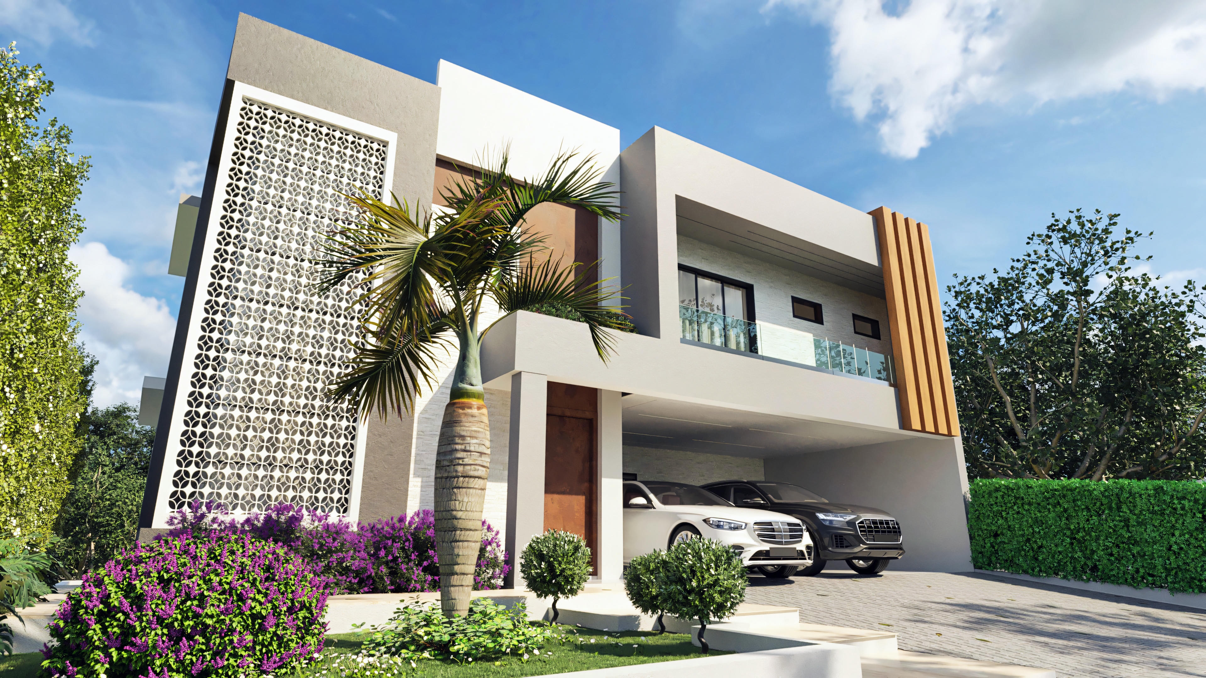 Proyecto de casa contemporánea de 394.84m² para terreno 20x25, con 4 suites, oficina, quincho y piscina. Fachada con destaque para elemento vazado (cobogó) en blanco, detalles en listones de madera vertical, y garaje cubierto para 3 vehículos.