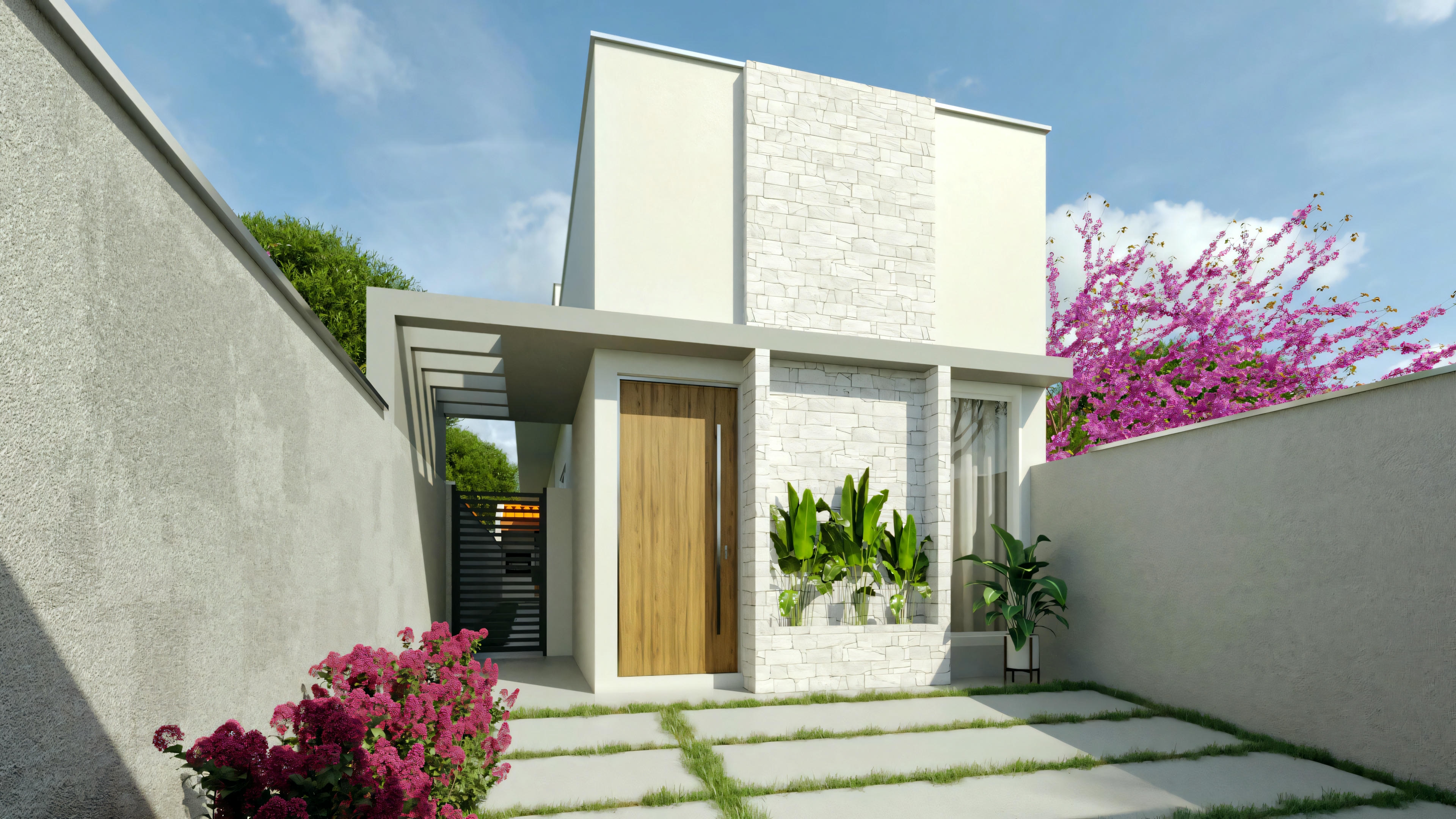 Proyecto de casa de planta baja de 60 m² para medio lote (5x25), exhibiendo fachada moderna con pérgola, detalles en piedra, puerta de madera y paisajismo frontal. Incluye 2 habitaciones y plaza de garaje.