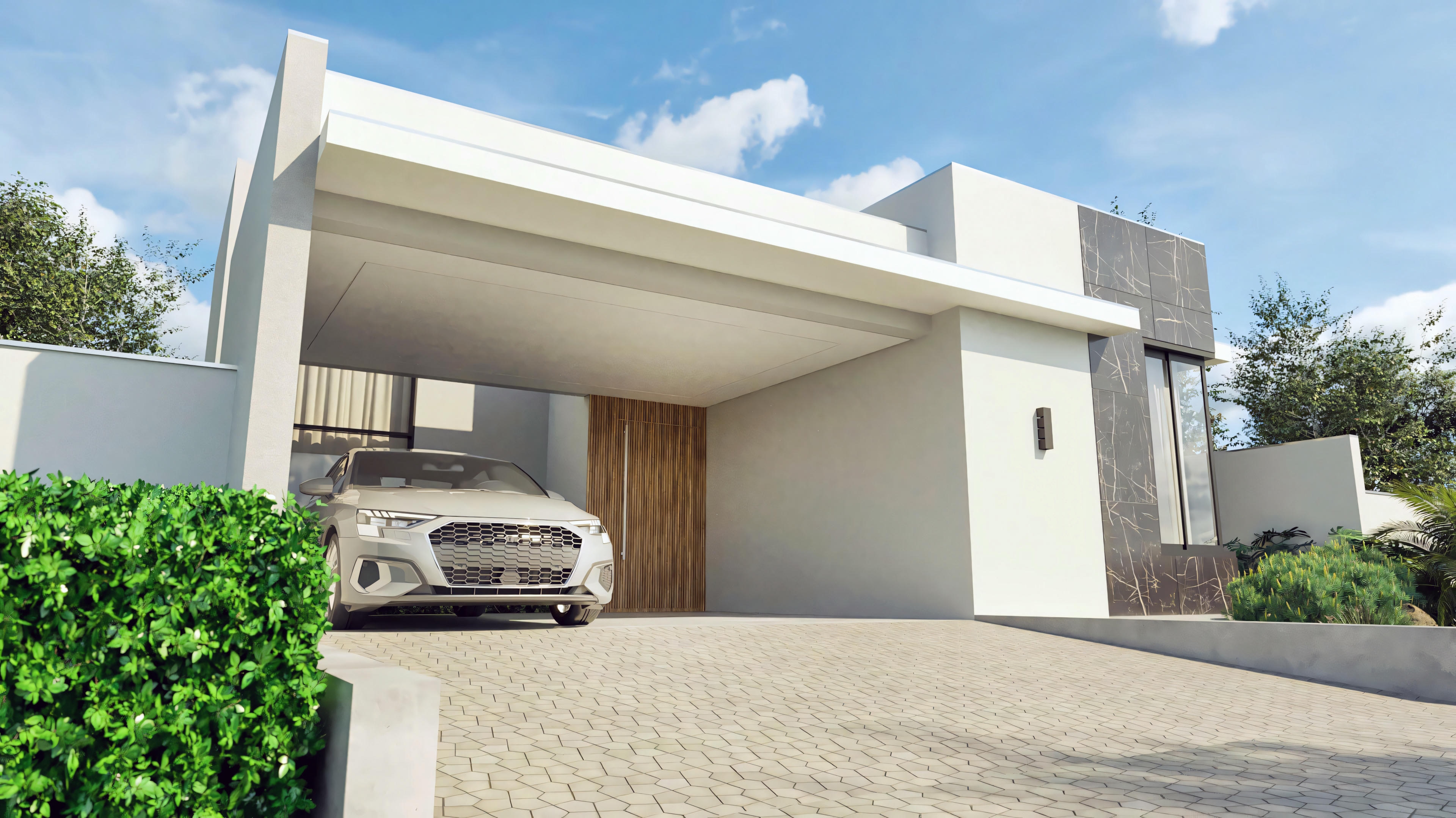 Proyecto de casa de una planta con 3 habitaciones (3 suites) y garaje cubierto para 2 coches, implantada en terreno 12x30. Vista de la fachada destacando la entrada con puerta de madera y detalle en revestimiento oscuro.